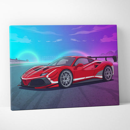 Ferrari 488 Challenge Inspired Canvas Wall Art - Red Track Car Artwork with Neon Racing Energy for Garage, Office & Motorsport Decor