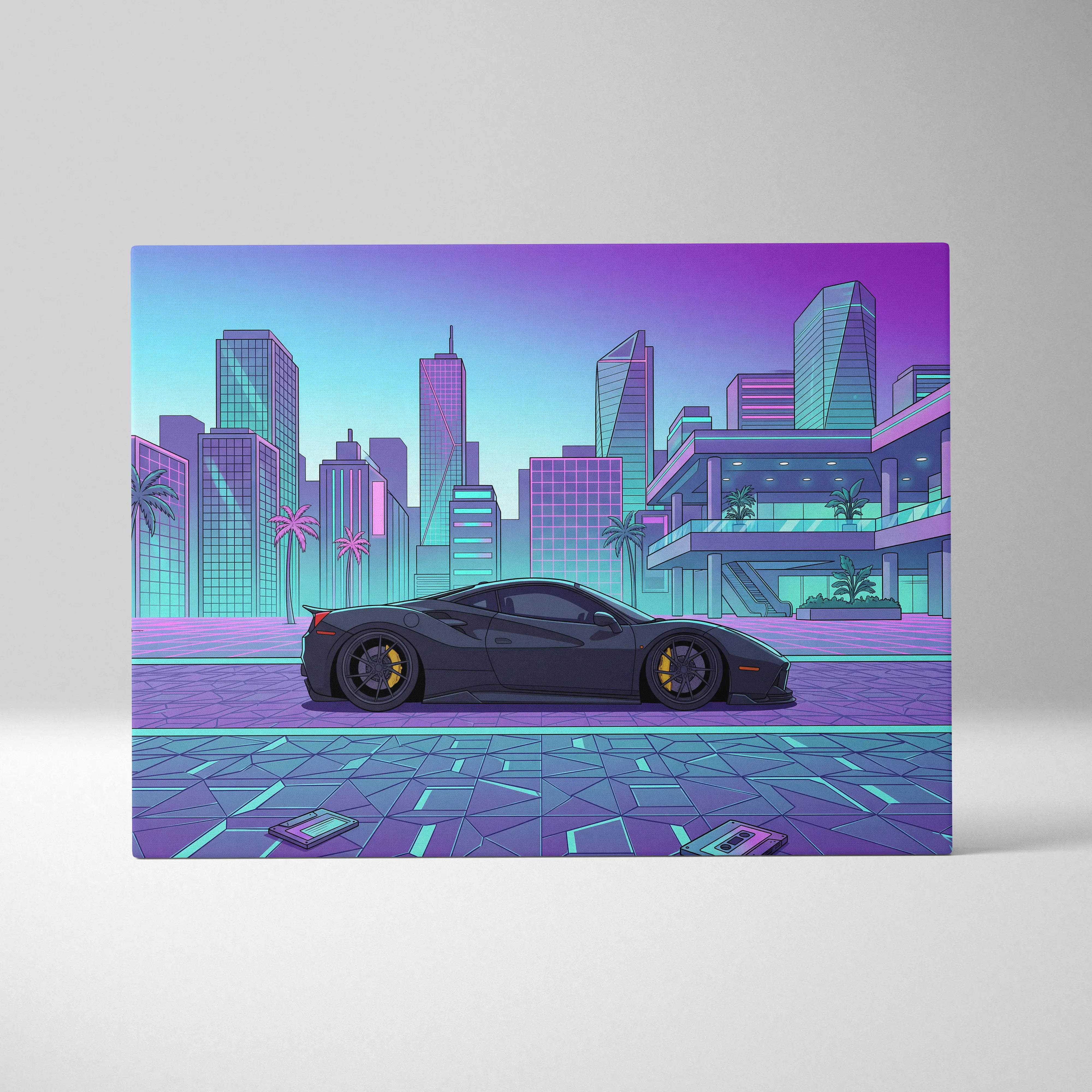 Ferrari 488 GTB Inspired Vaporwave Car Canvas - City Car Neon Pink Purple Teal Living Room Vaporwave Mood Retro Decor Canvas