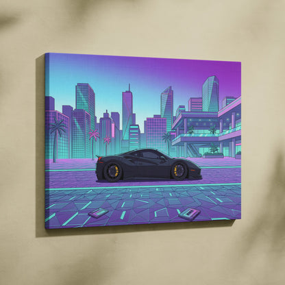 Ferrari 488 GTB Inspired Vaporwave Car Canvas - City Car Neon Pink Purple Teal Living Room Vaporwave Mood Retro Decor Canvas