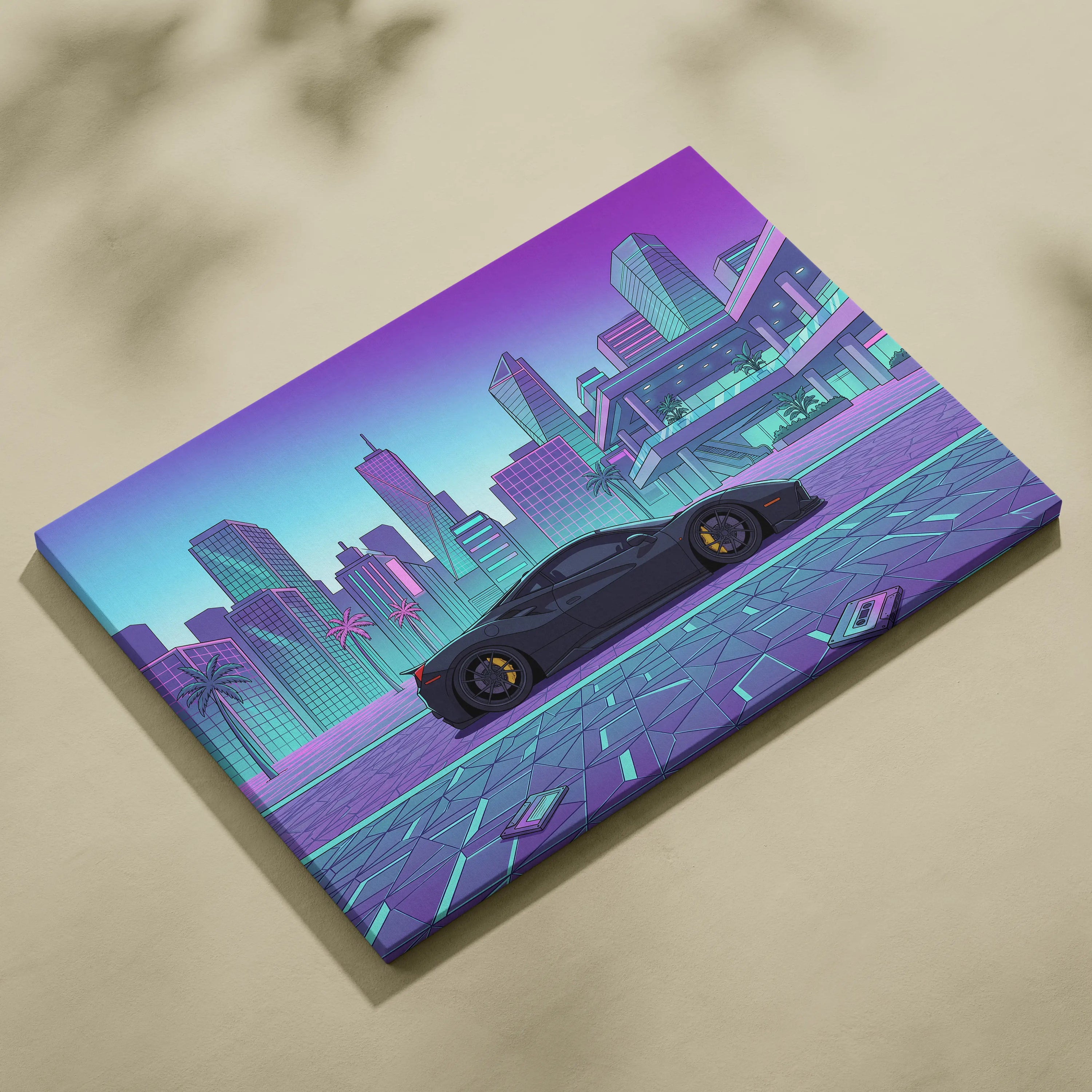 Ferrari 488 GTB Inspired Vaporwave Car Canvas - City Car Neon Pink Purple Teal Living Room Vaporwave Mood Retro Decor Canvas