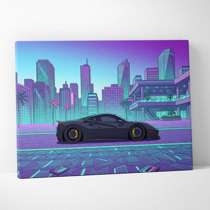 Ferrari 488 GTB Inspired Vaporwave Car Canvas - City Car Neon Pink Purple Teal Living Room Vaporwave Mood Retro Decor Canvas