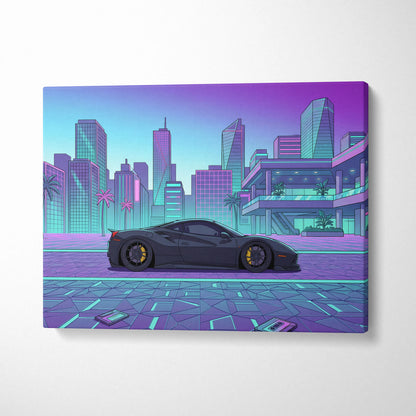 Ferrari 488 GTB Inspired Vaporwave Car Canvas - City Car Neon Pink Purple Teal Living Room Vaporwave Mood Retro Decor Canvas