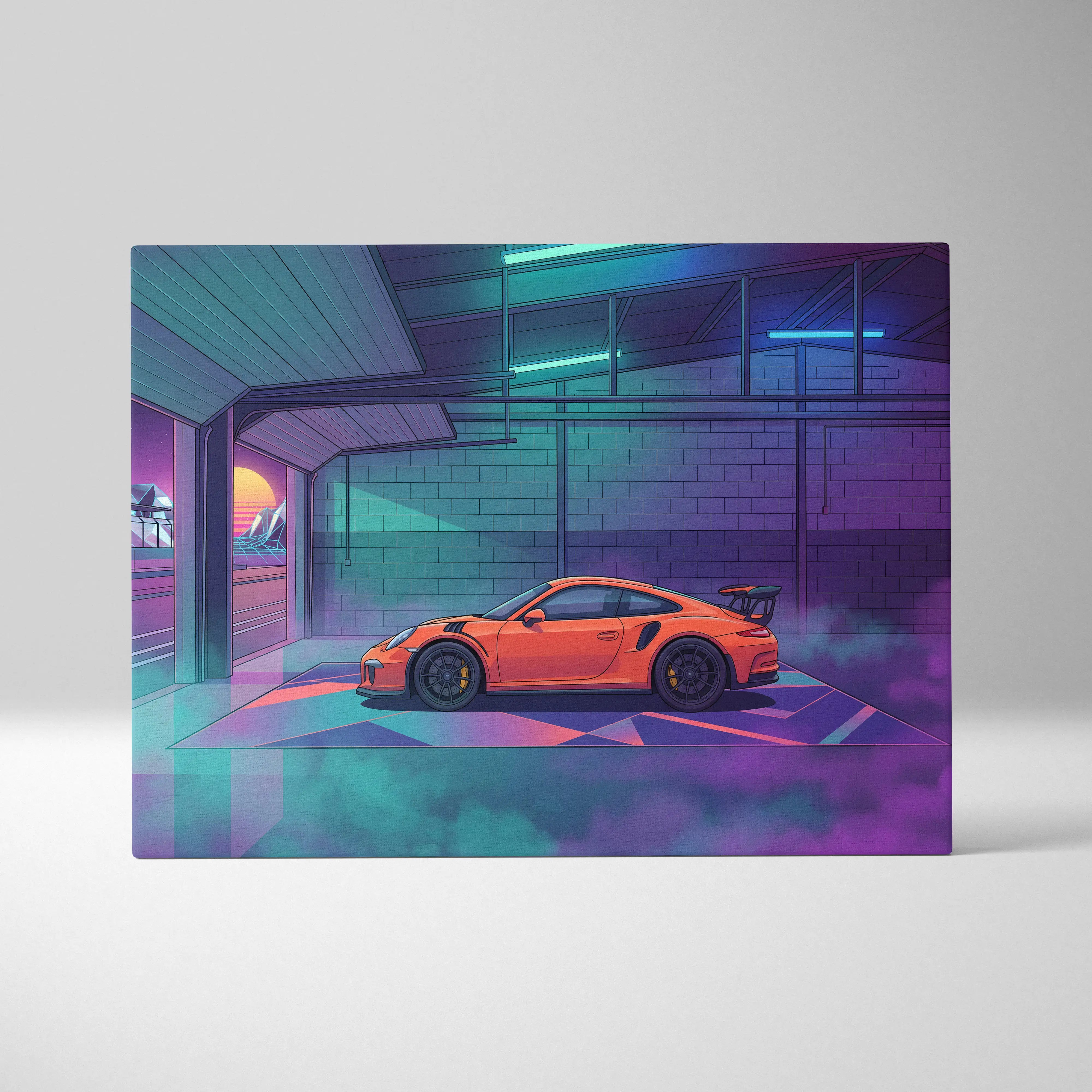 Porsche 911 GT3 RS Inspired Orange Purple Canvas Wall Art Vaporwave Neon Garage Sports Car Artwork, Cyberpunk Sunset Motorsport Decor