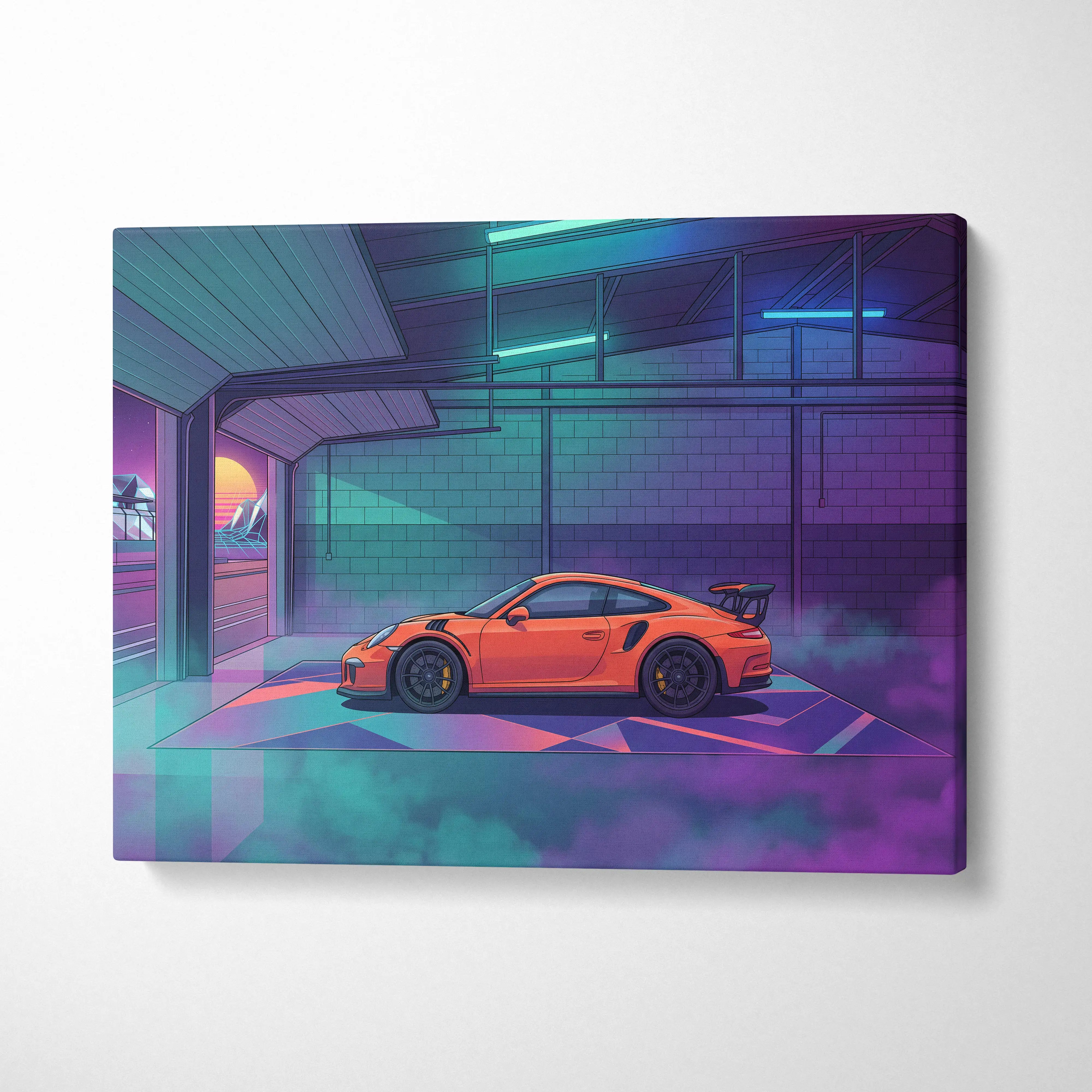 Porsche 911 GT3 RS Inspired Orange Purple Canvas Wall Art Vaporwave Neon Garage Sports Car Artwork, Cyberpunk Sunset Motorsport Decor