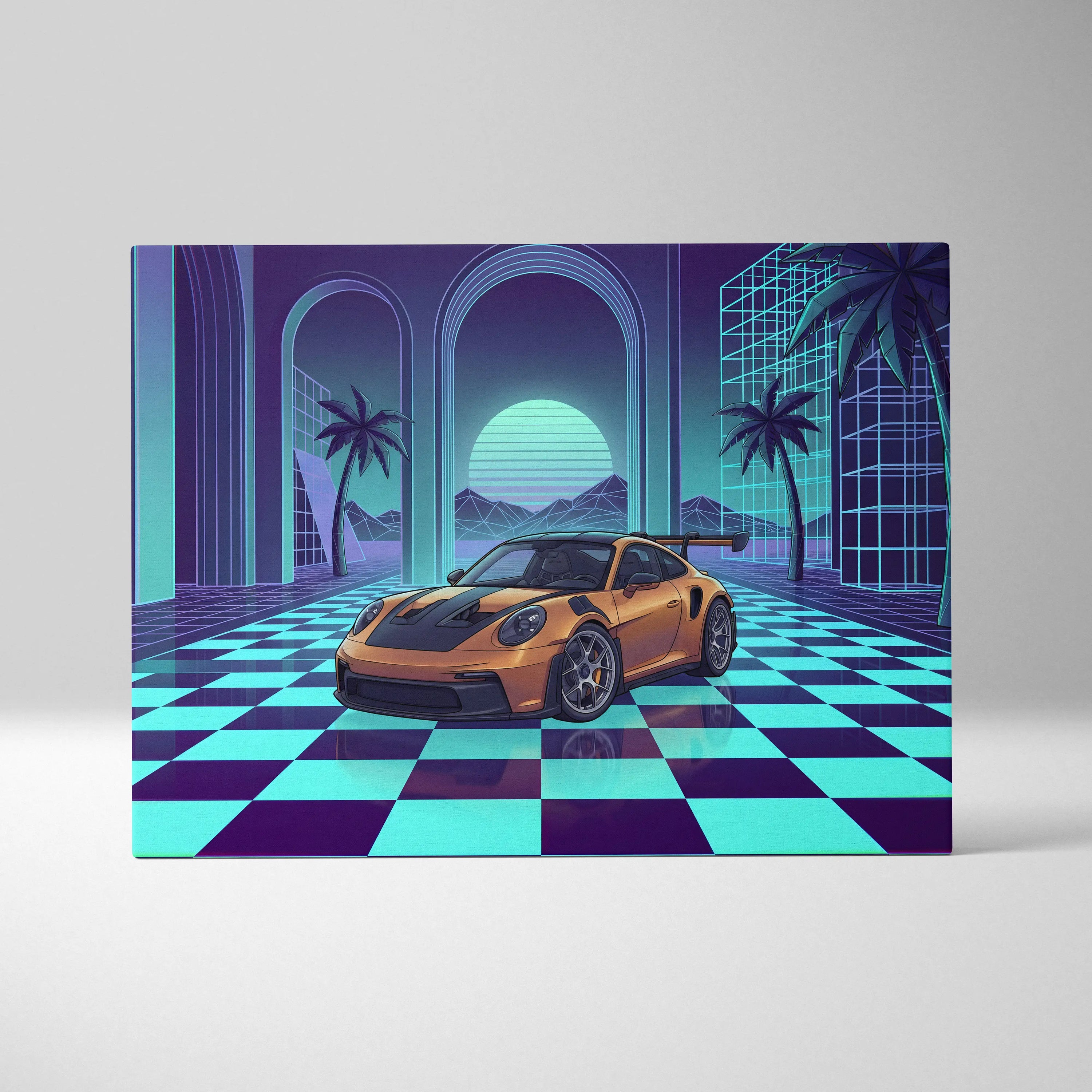 Porsche 911 GT3 RS Inspired Orange Teal Canvas Wall Art Vaporwave Checkerboard Sports Car Artwork, Neon Palm Garage Decor