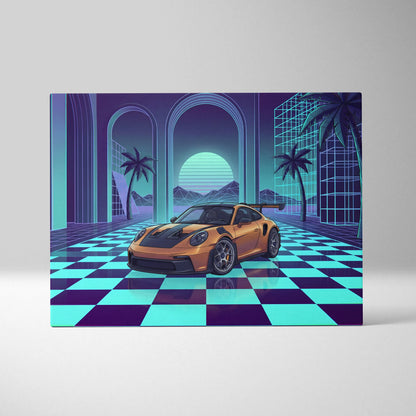 Porsche 911 GT3 RS Inspired Orange Teal Canvas Wall Art Vaporwave Checkerboard Sports Car Artwork, Neon Palm Garage Decor
