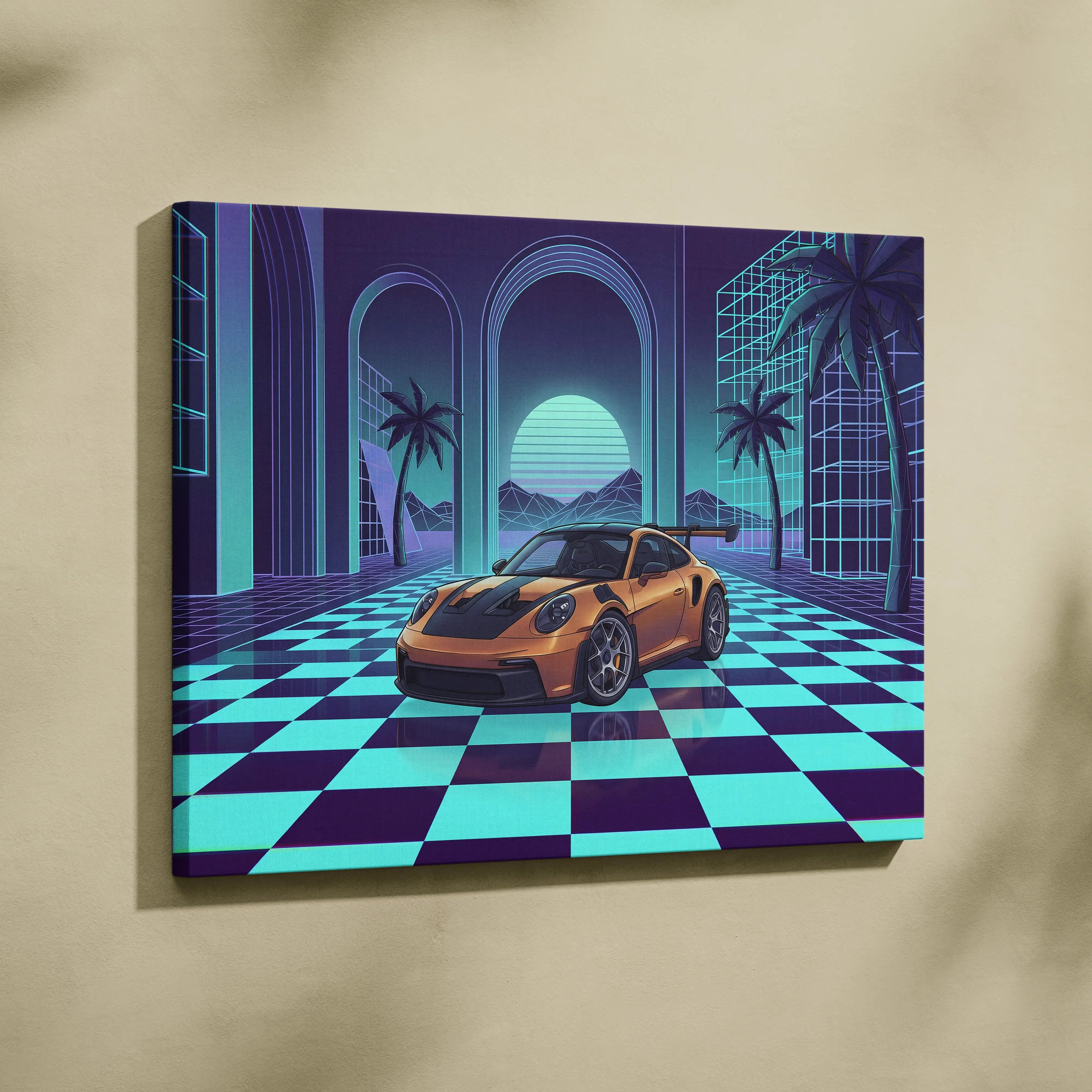 Porsche 911 GT3 RS Inspired Orange Teal Canvas Wall Art Vaporwave Checkerboard Sports Car Artwork, Neon Palm Garage Decor