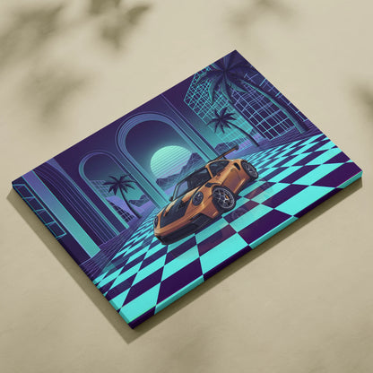 Porsche 911 GT3 RS Inspired Orange Teal Canvas Wall Art Vaporwave Checkerboard Sports Car Artwork, Neon Palm Garage Decor
