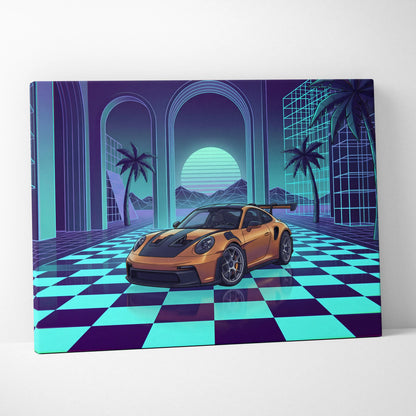 Porsche 911 GT3 RS Inspired Orange Teal Canvas Wall Art Vaporwave Checkerboard Sports Car Artwork, Neon Palm Garage Decor