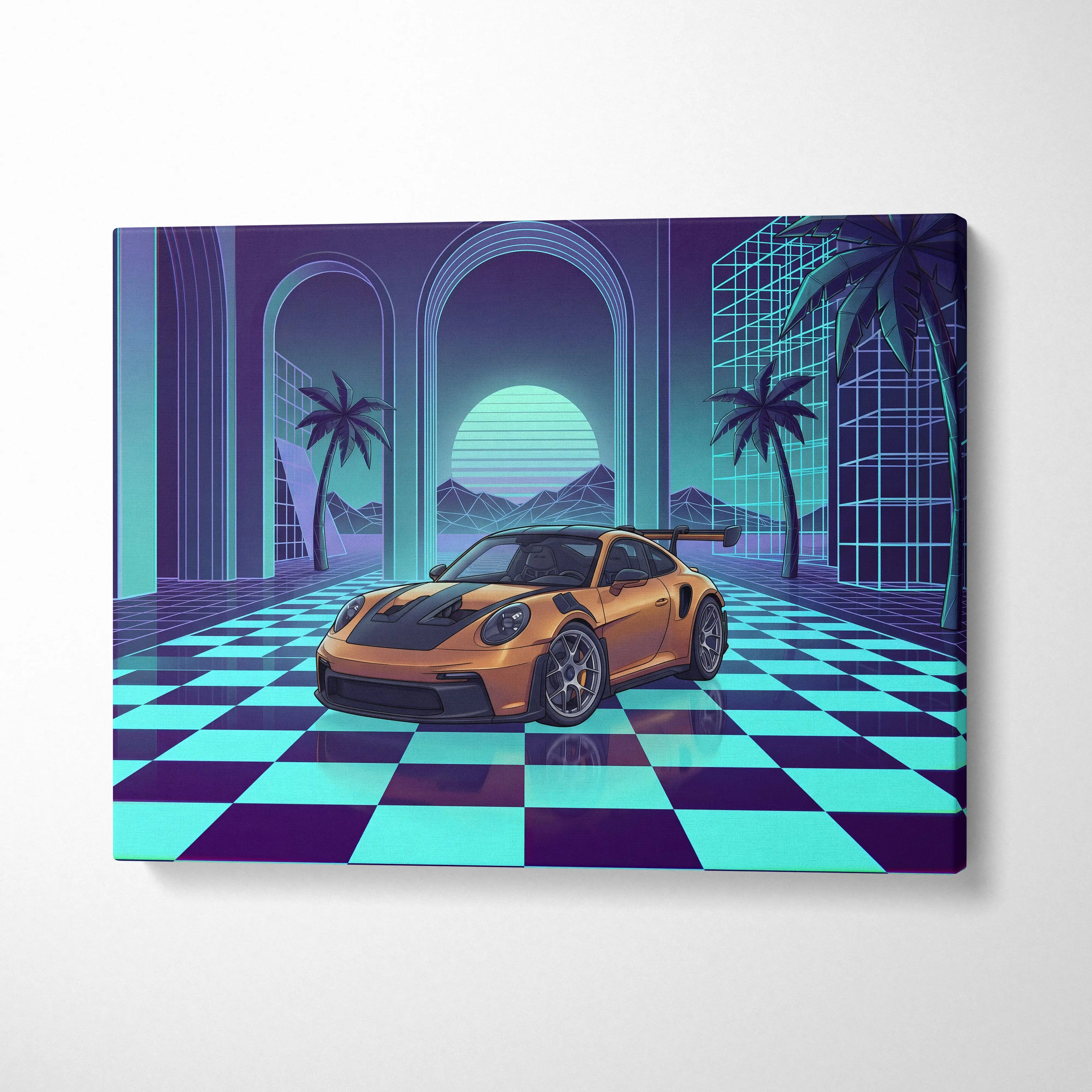 Porsche 911 GT3 RS Inspired Orange Teal Canvas Wall Art Vaporwave Checkerboard Sports Car Artwork, Neon Palm Garage Decor