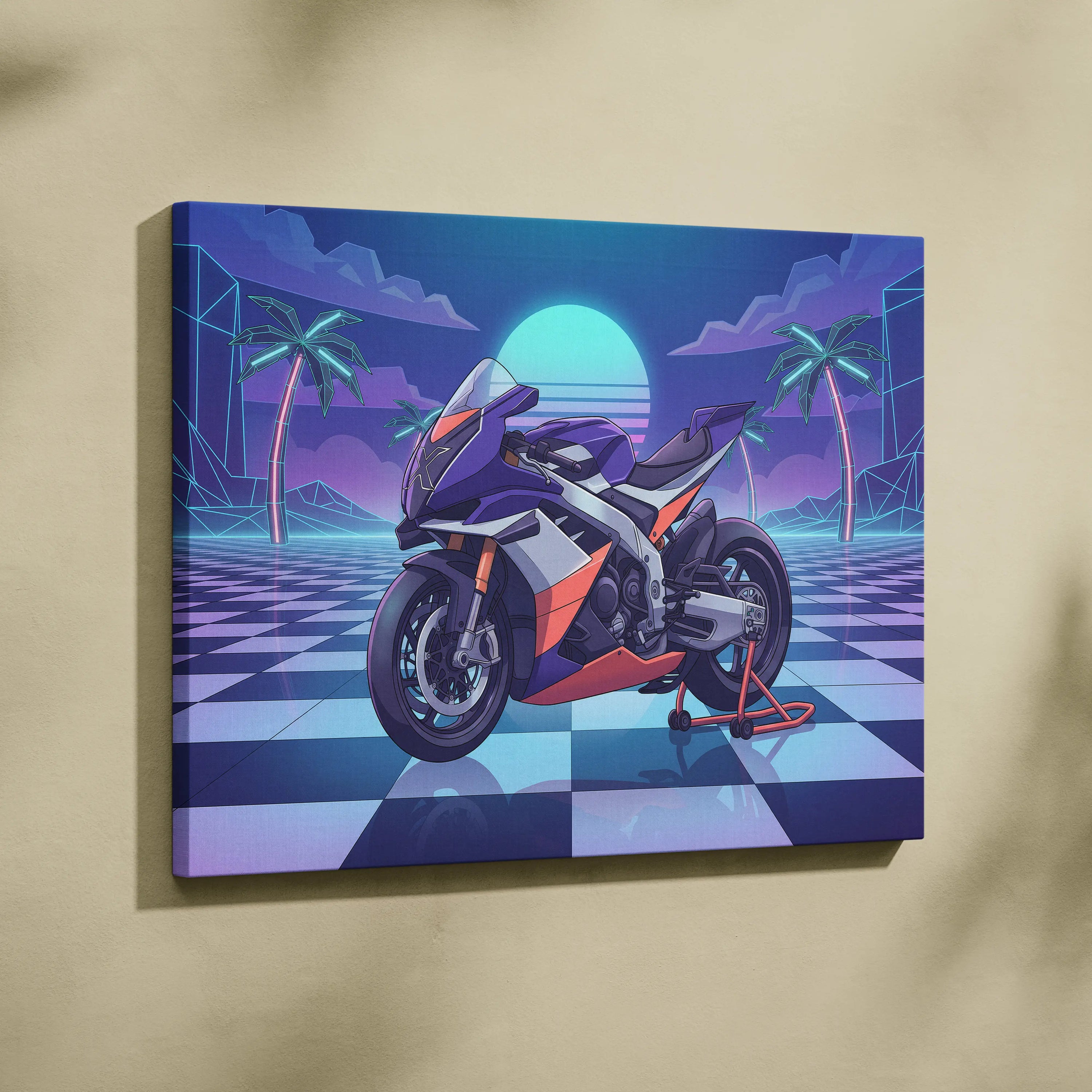 Aprilia RSV4 Xtrenta Inspired Orange Purple Vaporwave Motorcycle Canvas Wall Art Neon Checkerboard Sportbike Artwork Retro Futuristic Garage Decor