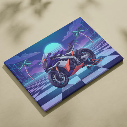 Aprilia RSV4 Xtrenta Inspired Orange Purple Vaporwave Motorcycle Canvas Wall Art Neon Checkerboard Sportbike Artwork Retro Futuristic Garage Decor