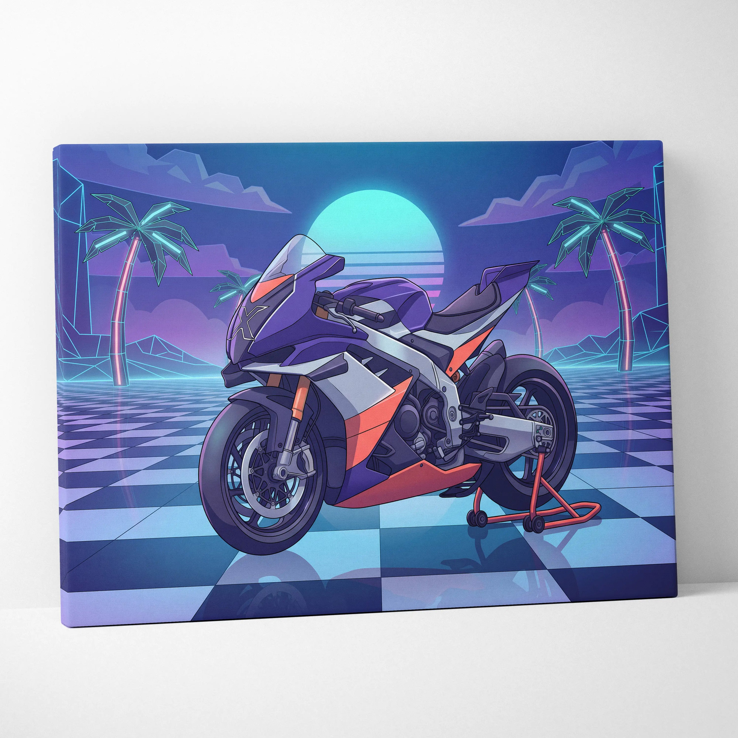 Aprilia RSV4 Xtrenta Inspired Orange Purple Vaporwave Motorcycle Canvas Wall Art Neon Checkerboard Sportbike Artwork Retro Futuristic Garage Decor
