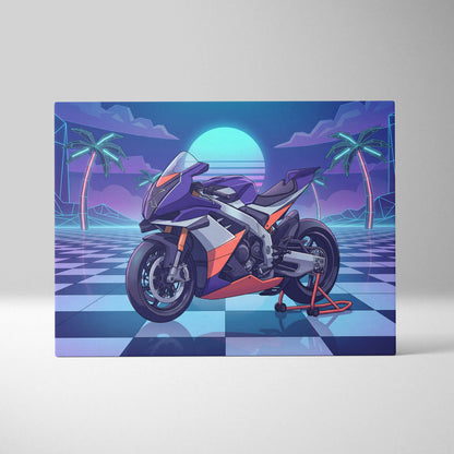 Aprilia RSV4 Xtrenta Inspired Orange Purple Vaporwave Motorcycle Canvas Wall Art Neon Checkerboard Sportbike Artwork Retro Futuristic Garage Decor