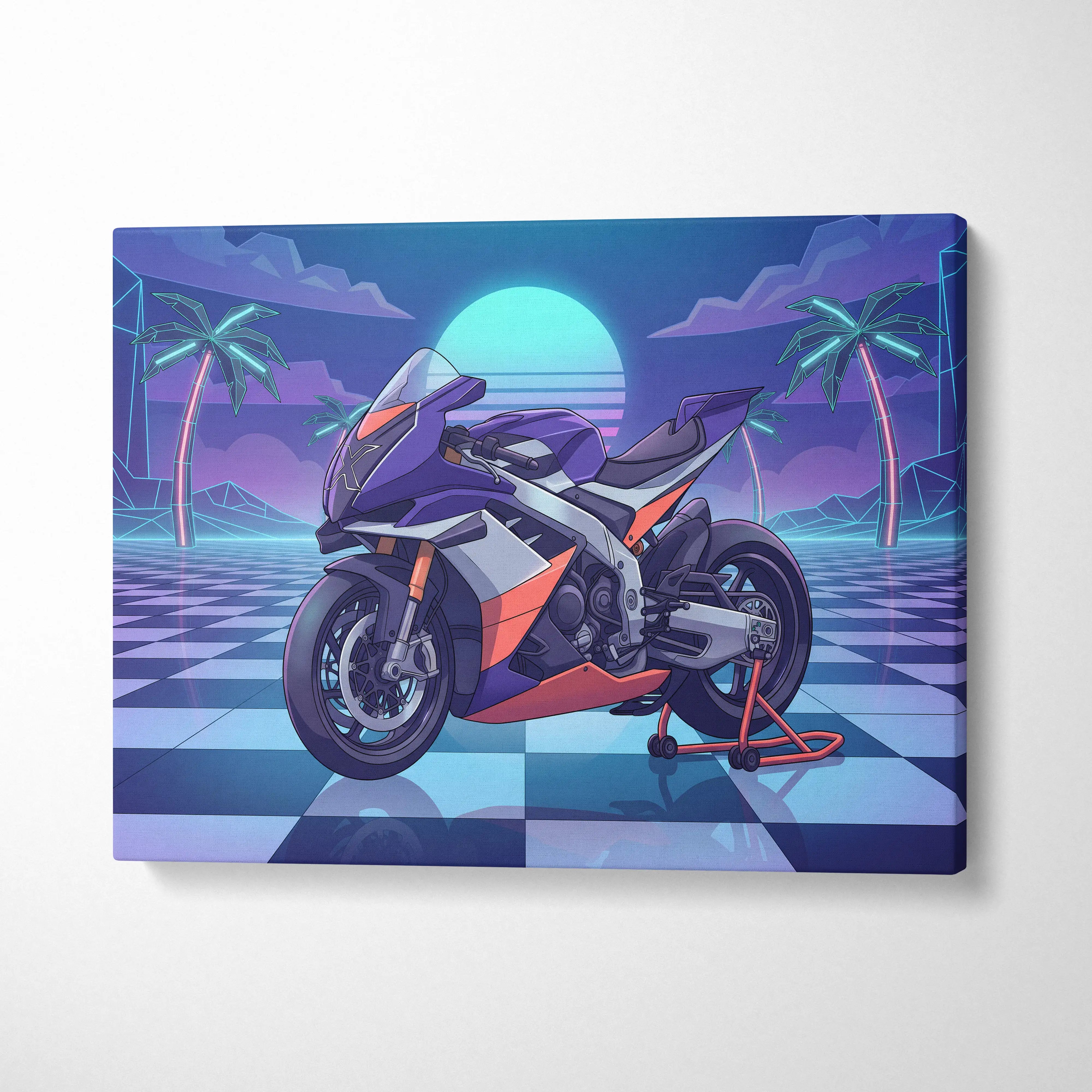 Aprilia RSV4 Xtrenta Inspired Orange Purple Vaporwave Motorcycle Canvas Wall Art Neon Checkerboard Sportbike Artwork Retro Futuristic Garage Decor