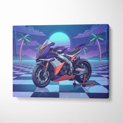 Aprilia RSV4 Xtrenta Inspired Orange Purple Vaporwave Motorcycle Canvas Wall Art Neon Checkerboard Sportbike Artwork Retro Futuristic Garage Decor