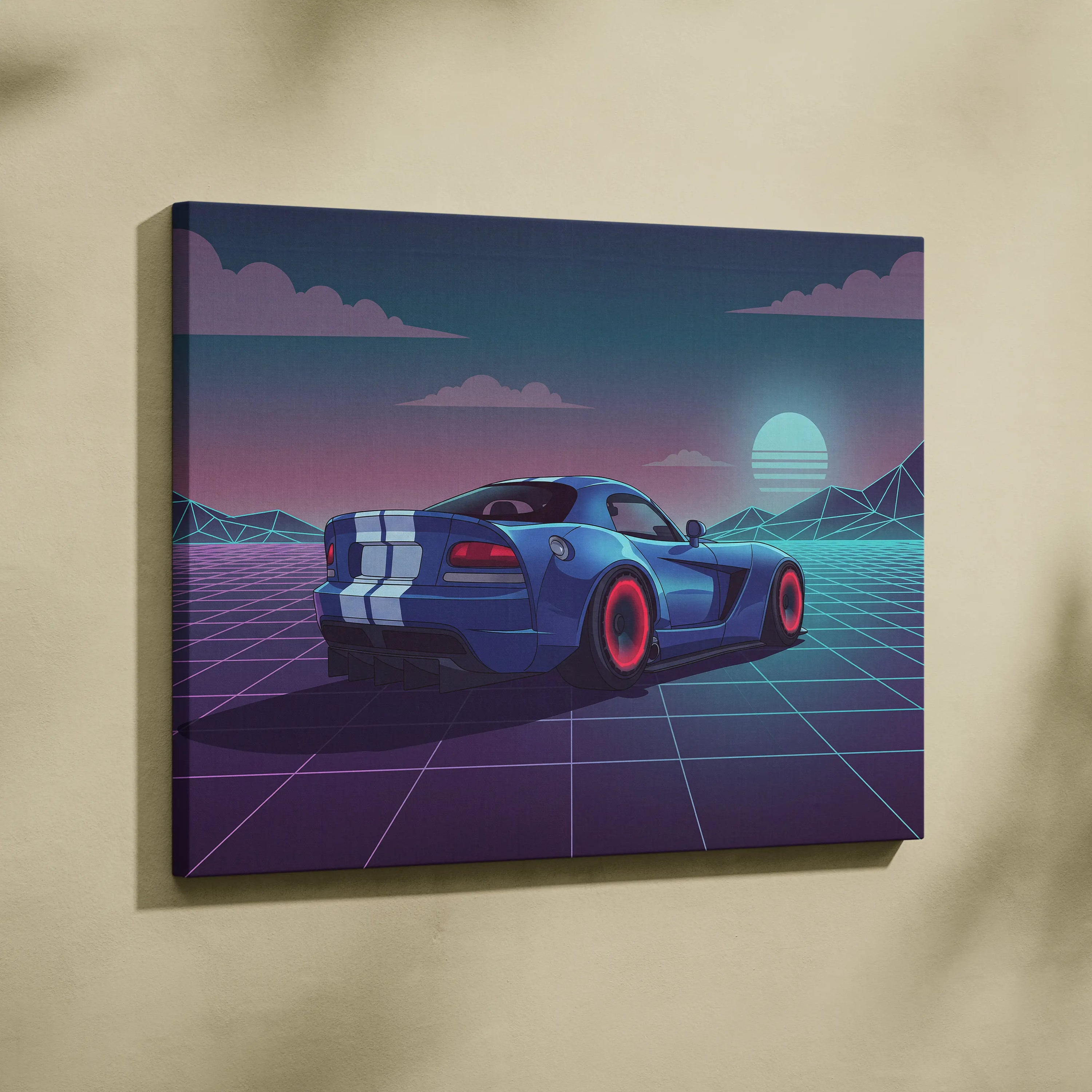 Dodge Viper Inspired Vaporwave Canvas - Car Neon Pink Teal Living Room Vaporwave Dreamy Nostalgic Retro Grid Canvas Print