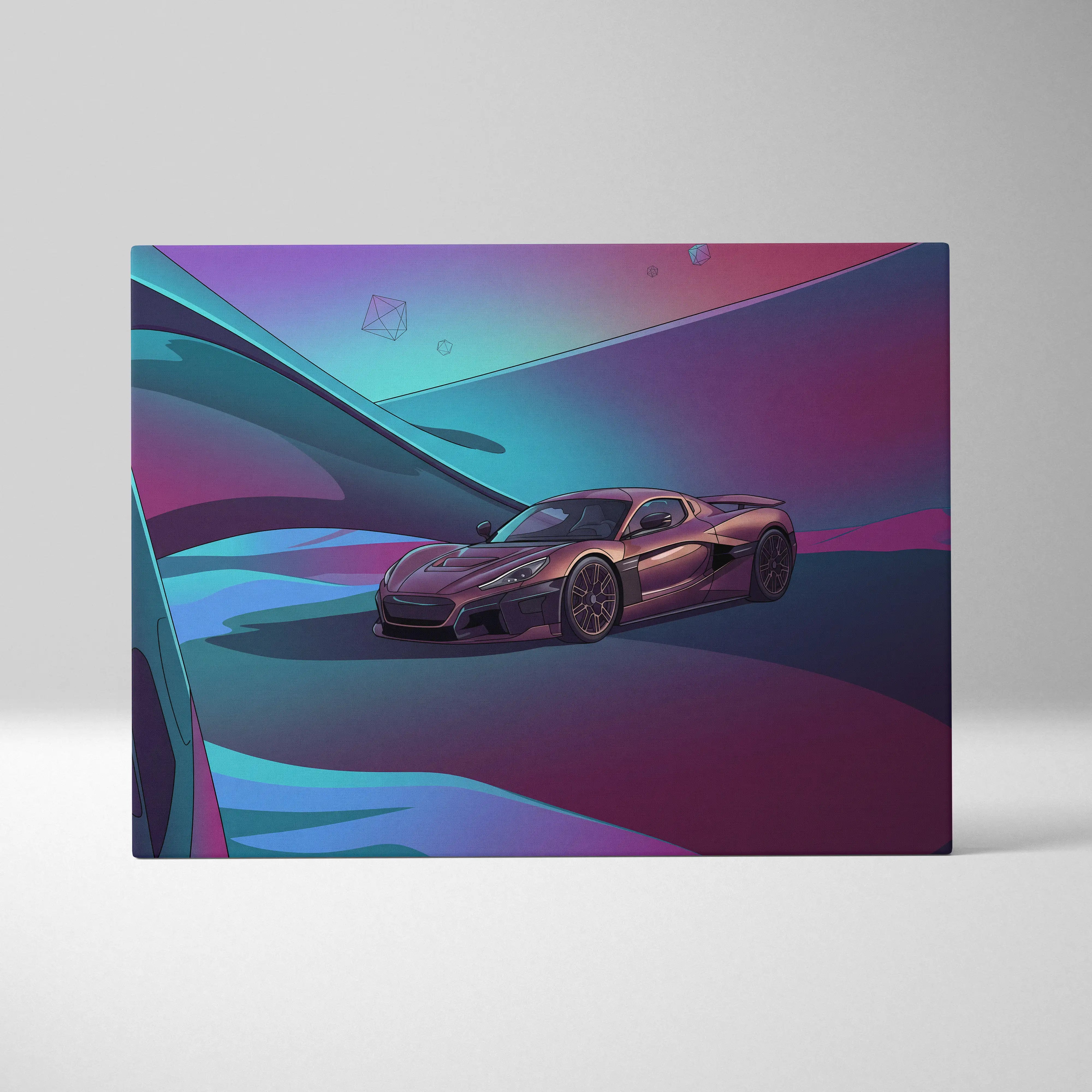 Rimac Nevera Inspired Burgundy Teal Canvas Wall Art Vaporwave Abstract Hypercar Artwork, Futuristic Neon Supercar Garage Decor