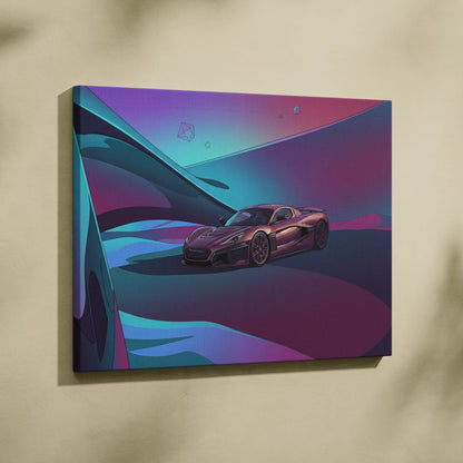 Rimac Nevera Inspired Burgundy Teal Canvas Wall Art Vaporwave Abstract Hypercar Artwork, Futuristic Neon Supercar Garage Decor