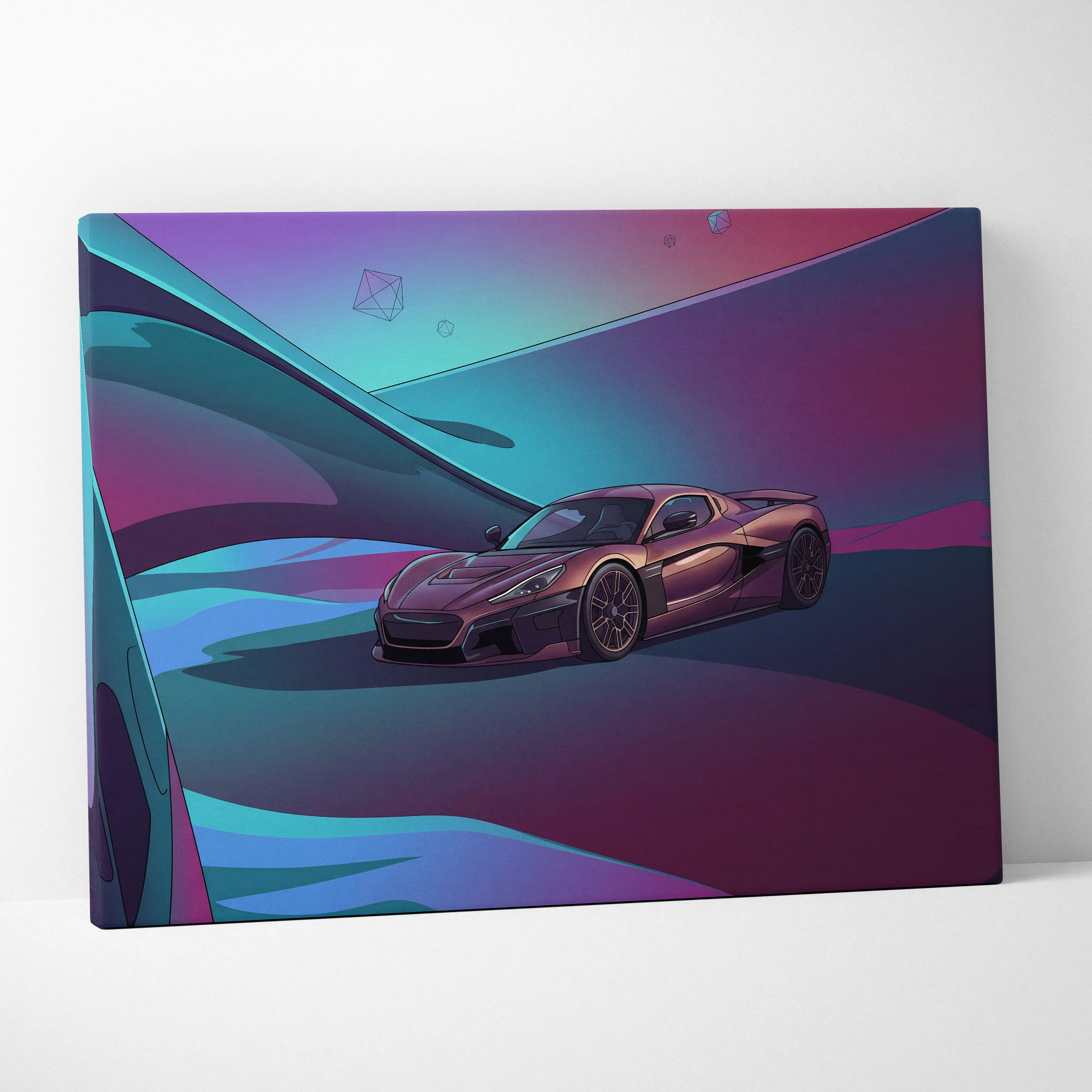 Rimac Nevera Inspired Burgundy Teal Canvas Wall Art Vaporwave Abstract Hypercar Artwork, Futuristic Neon Supercar Garage Decor