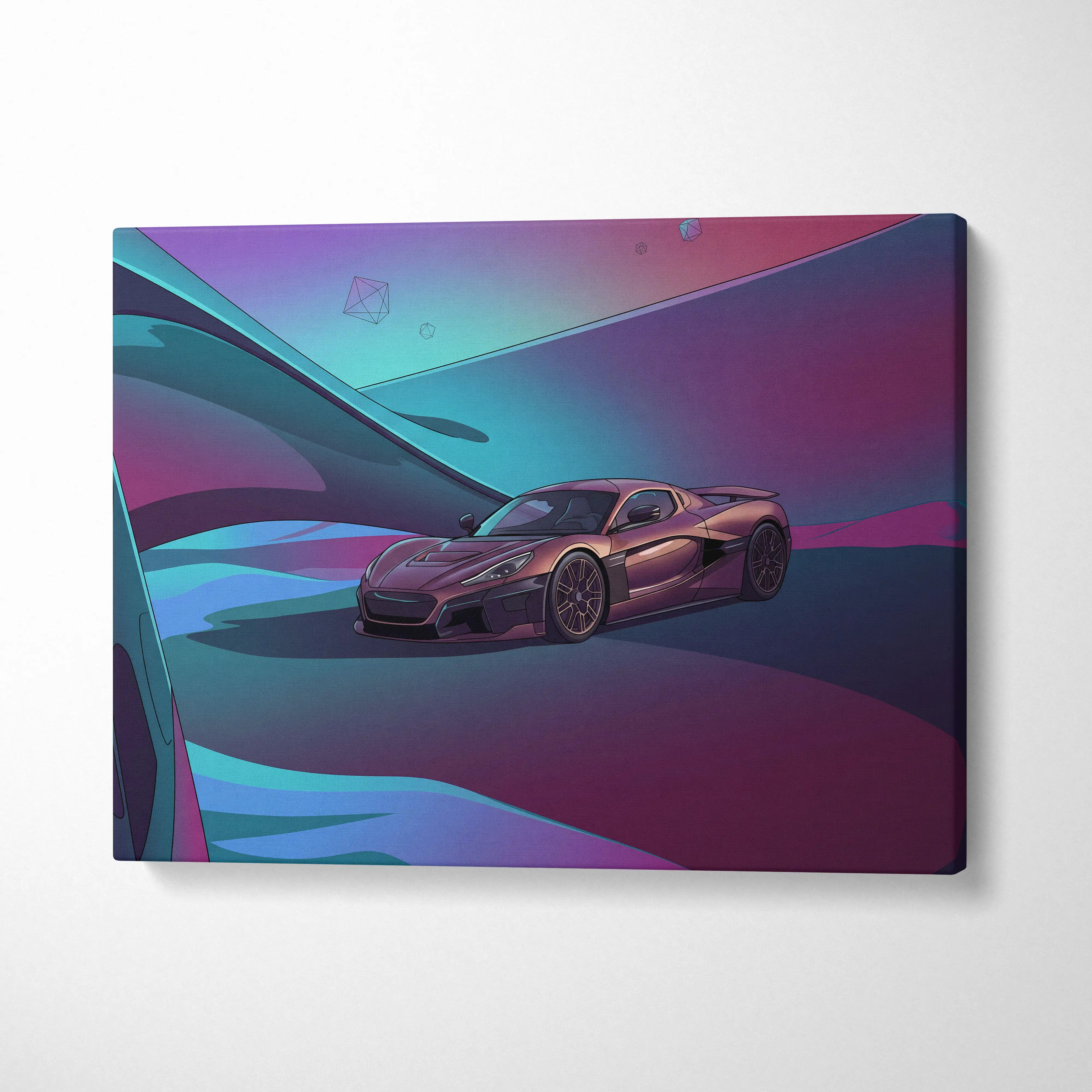 Rimac Nevera Inspired Burgundy Teal Canvas Wall Art Vaporwave Abstract Hypercar Artwork, Futuristic Neon Supercar Garage Decor