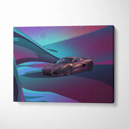Rimac Nevera Inspired Burgundy Teal Canvas Wall Art Vaporwave Abstract Hypercar Artwork, Futuristic Neon Supercar Garage Decor