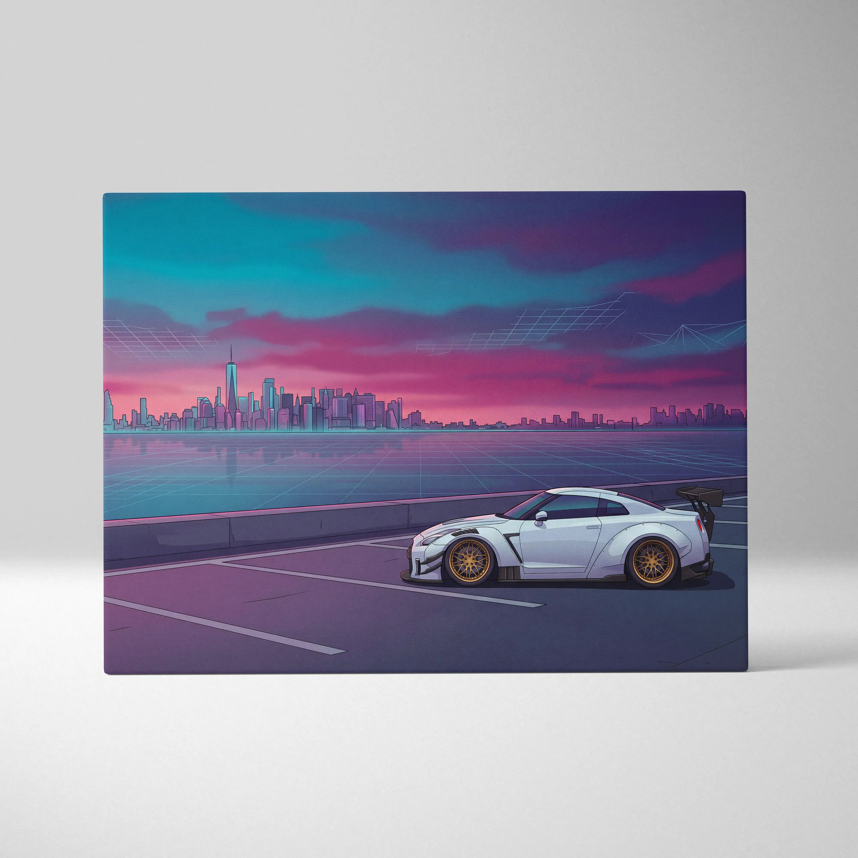 Nissan GT-R R35 Inspired White Purple Canvas Wall Art, Vaporwave JDM Supercar Artwork, Neon City Skyline Decor, Retro Futuristic Print