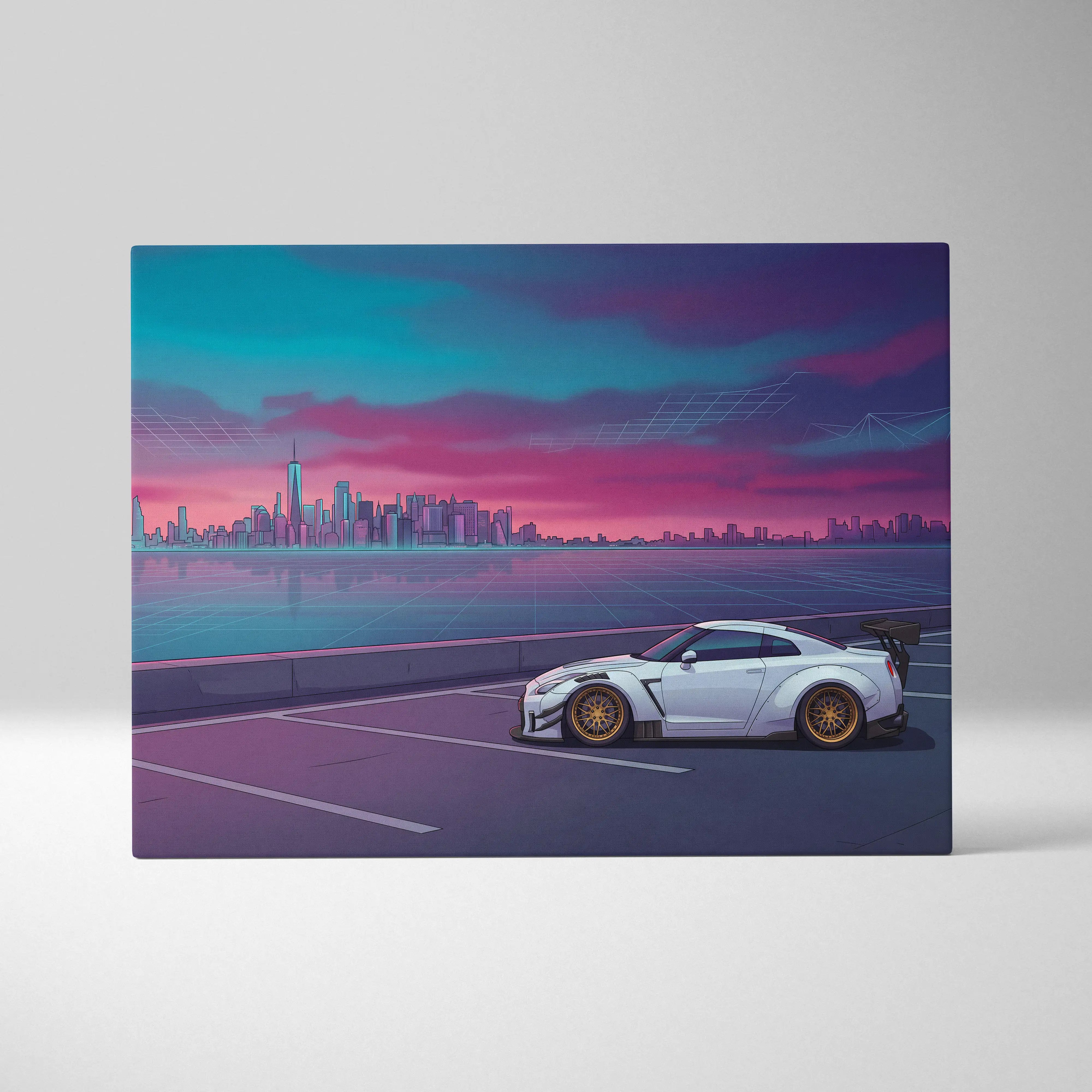 Nissan GT-R R35 Inspired White Purple Canvas Wall Art, Vaporwave JDM Supercar Artwork, Neon City Skyline Decor, Retro Futuristic Print