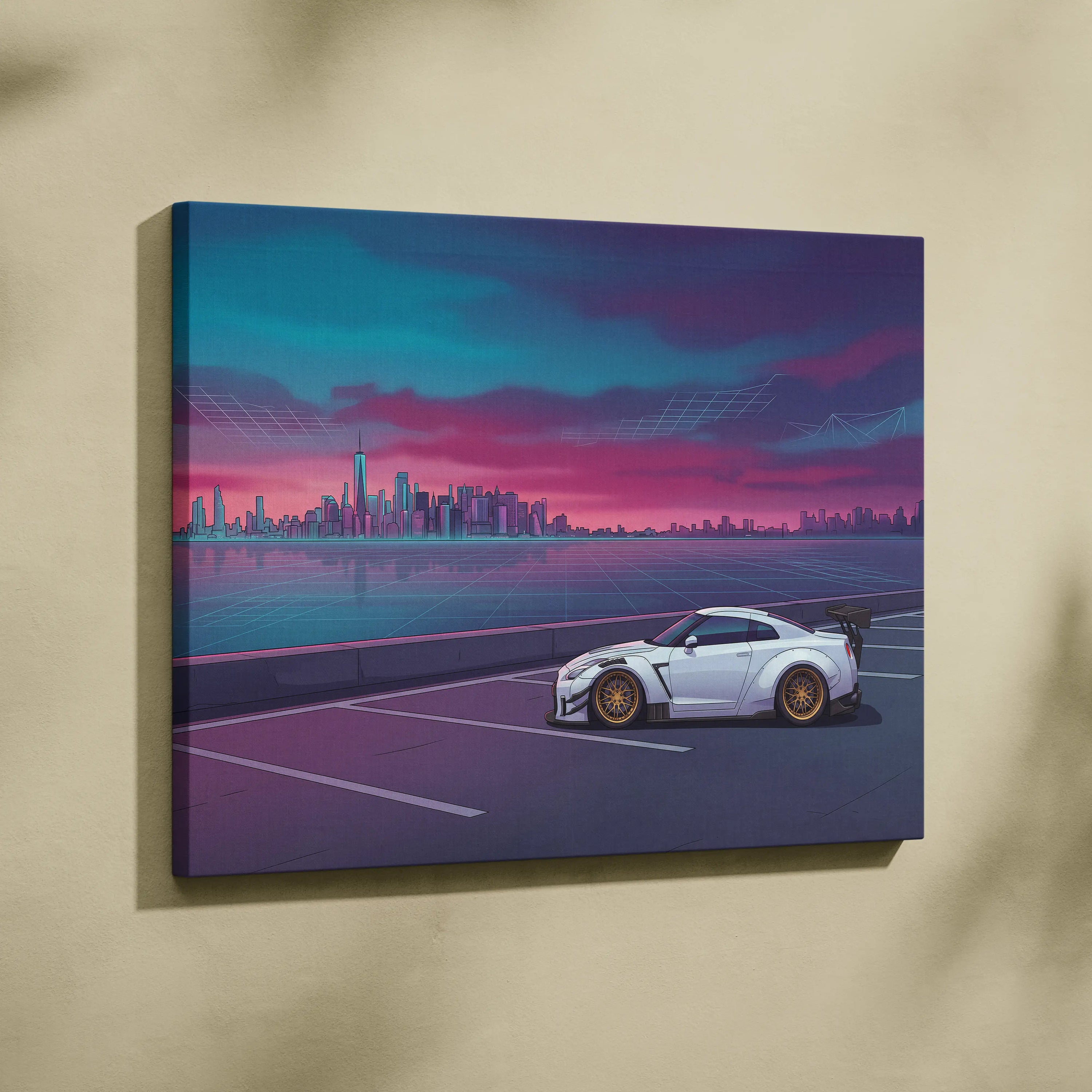Nissan GT-R R35 Inspired White Purple Canvas Wall Art, Vaporwave JDM Supercar Artwork, Neon City Skyline Decor, Retro Futuristic Print