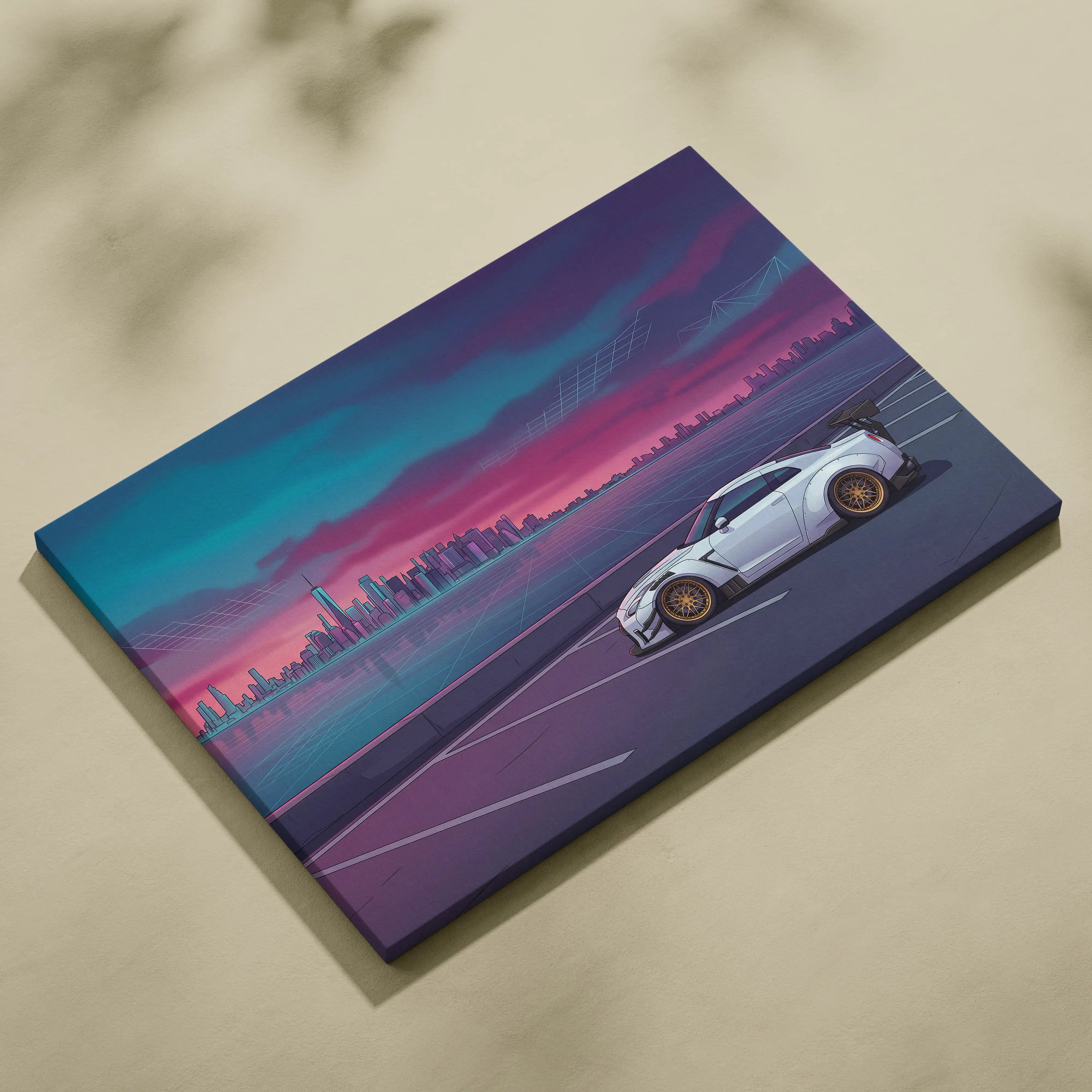 Nissan GT-R R35 Inspired White Purple Canvas Wall Art, Vaporwave JDM Supercar Artwork, Neon City Skyline Decor, Retro Futuristic Print
