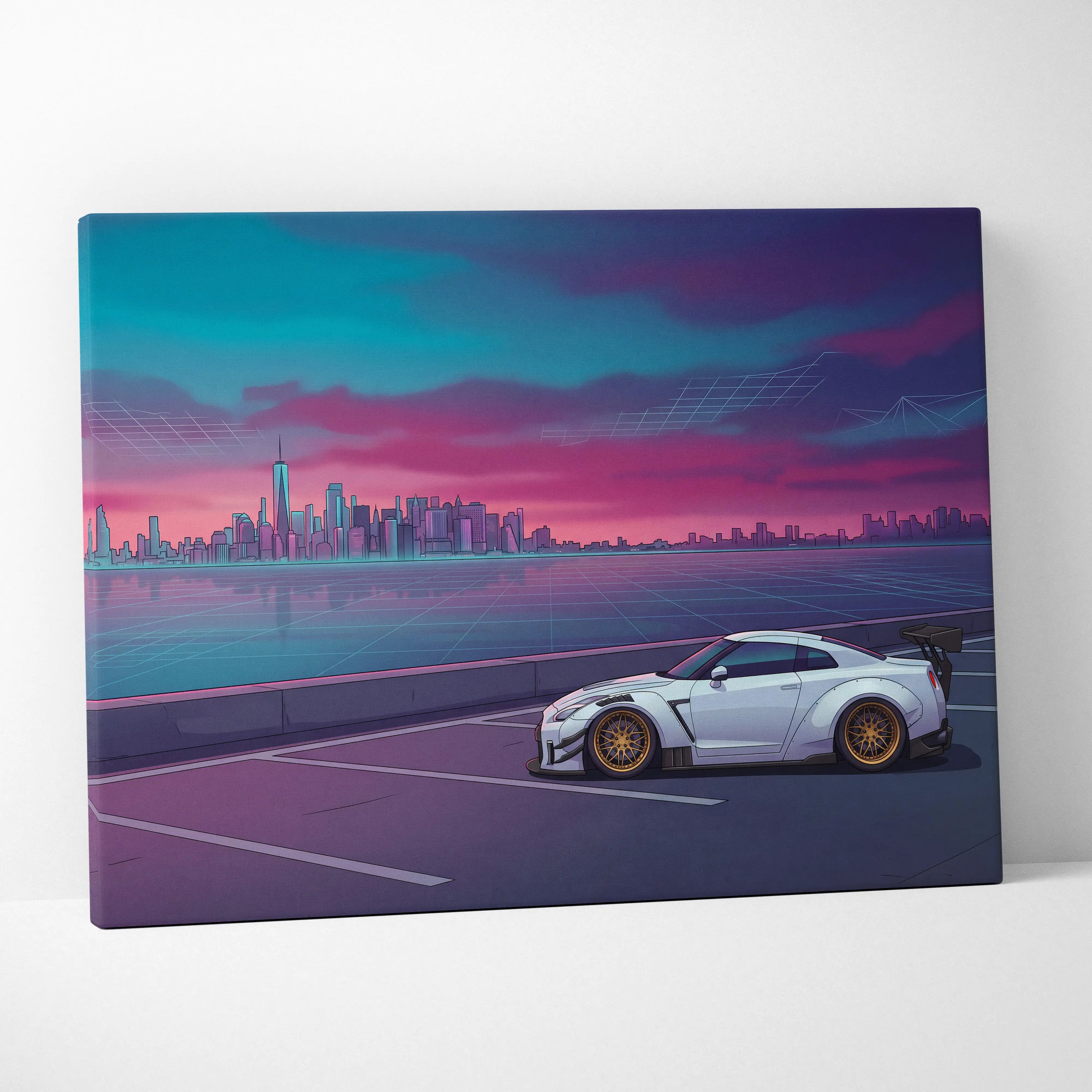 Nissan GT-R R35 Inspired White Purple Canvas Wall Art, Vaporwave JDM Supercar Artwork, Neon City Skyline Decor, Retro Futuristic Print