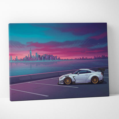 Nissan GT-R R35 Inspired White Purple Canvas Wall Art, Vaporwave JDM Supercar Artwork, Neon City Skyline Decor, Retro Futuristic Print