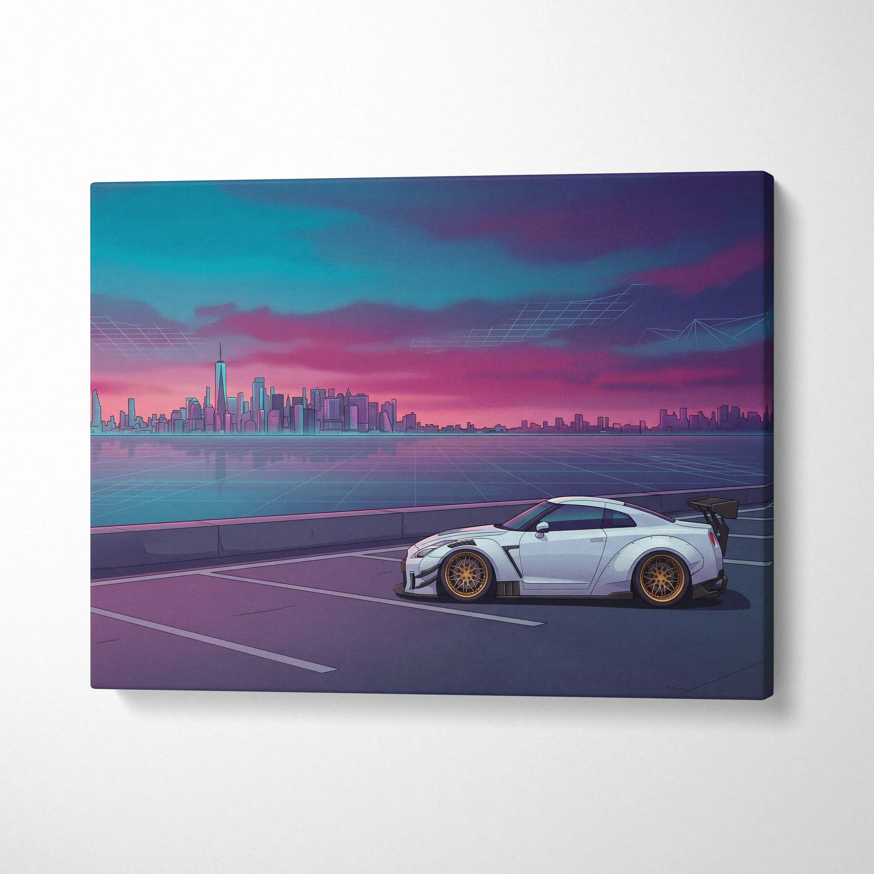 Nissan GT-R R35 Inspired White Purple Canvas Wall Art, Vaporwave JDM Supercar Artwork, Neon City Skyline Decor, Retro Futuristic Print