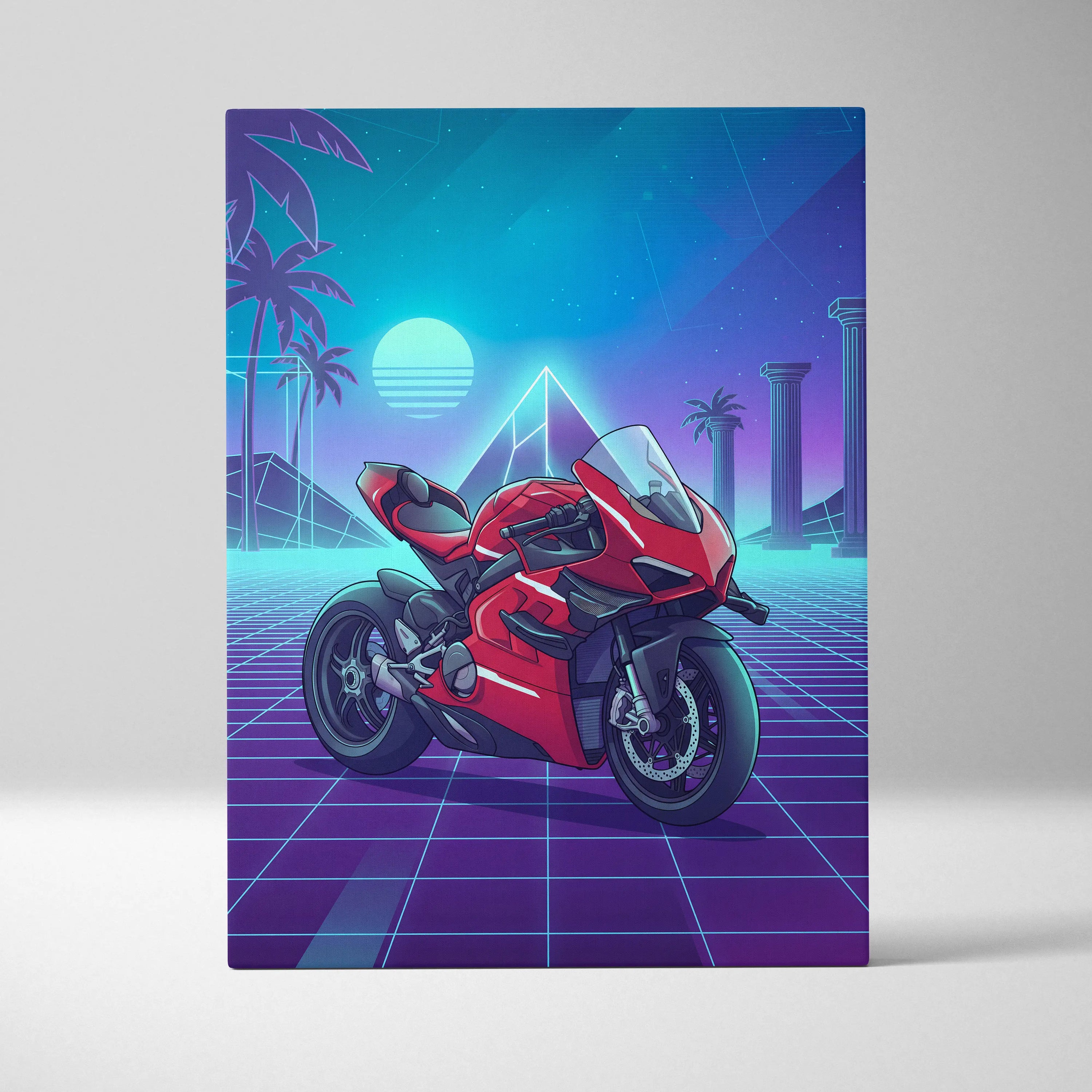 Ducati Panigale V4 Superleggera Inspired Red Teal Vaporwave Motorcycle Canvas Wall Art Neon Grid Sportbike Artwork Retro Futuristic Garage Decor