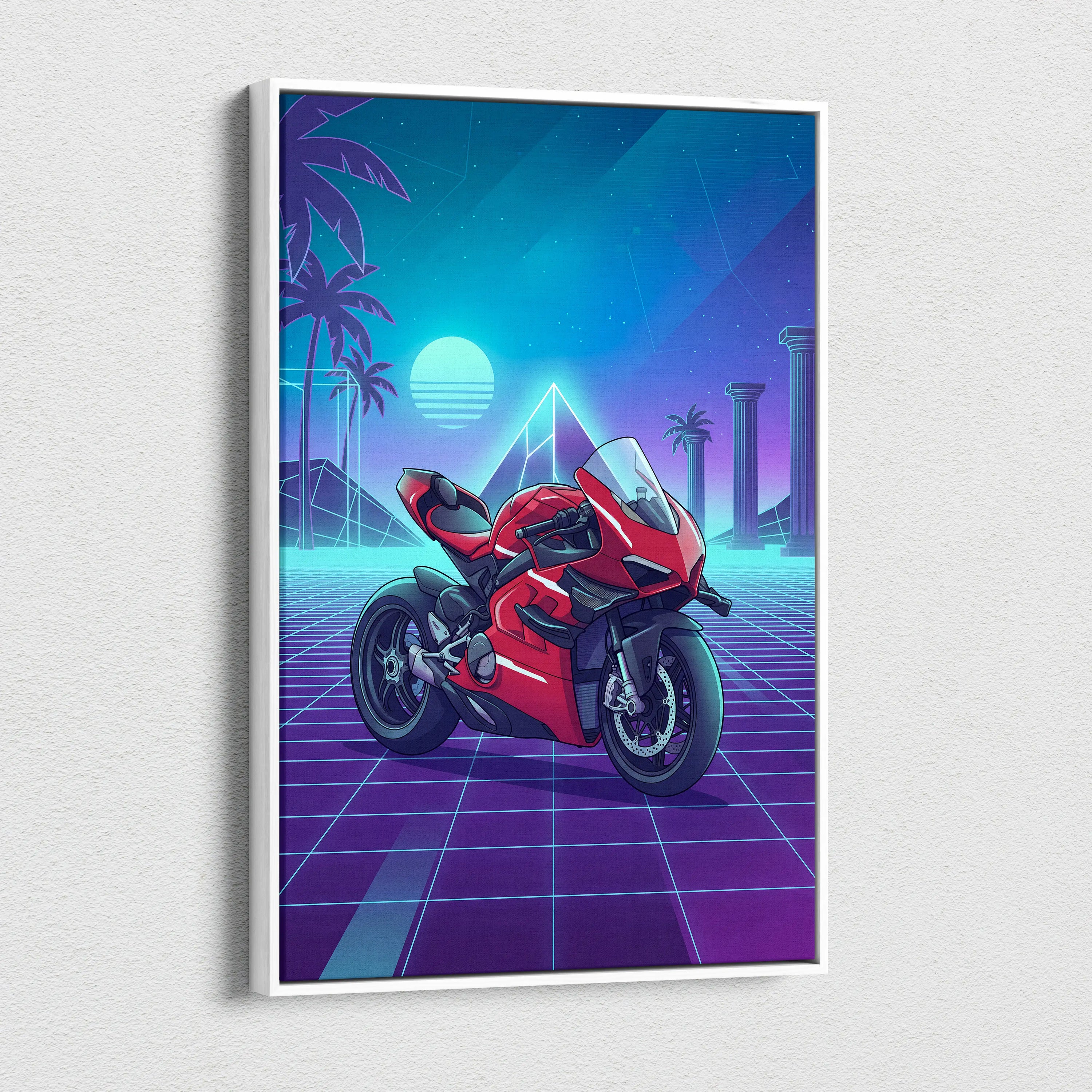 Ducati Panigale V4 Superleggera Inspired Red Teal Vaporwave Motorcycle Canvas Wall Art Neon Grid Sportbike Artwork Retro Futuristic Garage Decor
