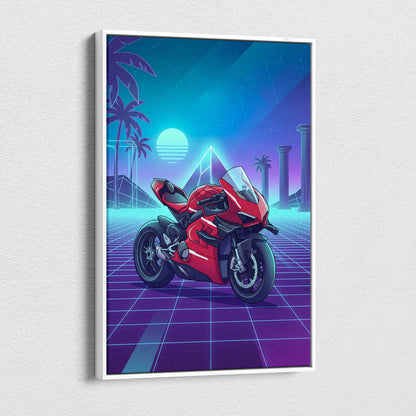 Ducati Panigale V4 Superleggera Inspired Red Teal Vaporwave Motorcycle Canvas Wall Art Neon Grid Sportbike Artwork Retro Futuristic Garage Decor