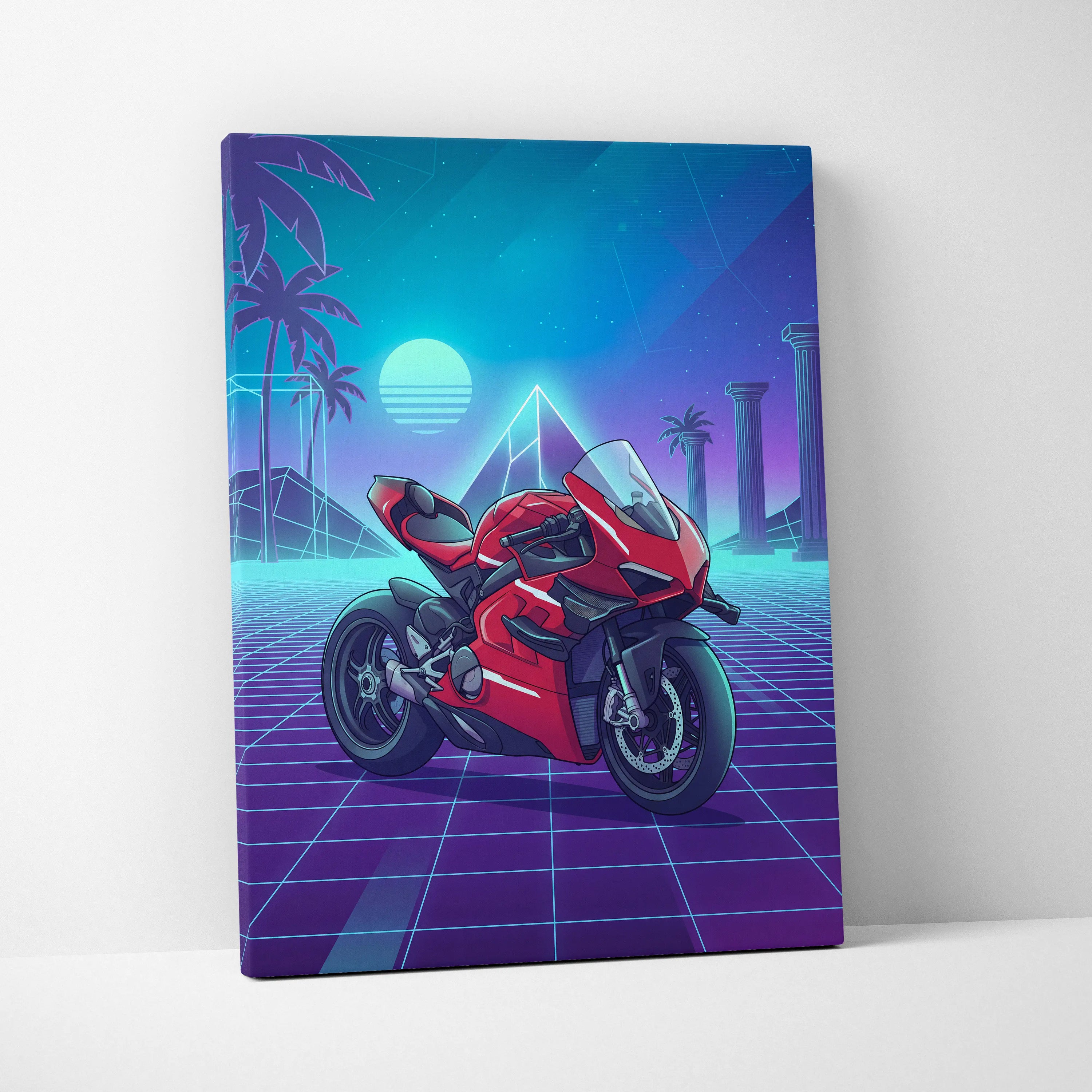 Ducati Panigale V4 Superleggera Inspired Red Teal Vaporwave Motorcycle Canvas Wall Art Neon Grid Sportbike Artwork Retro Futuristic Garage Decor