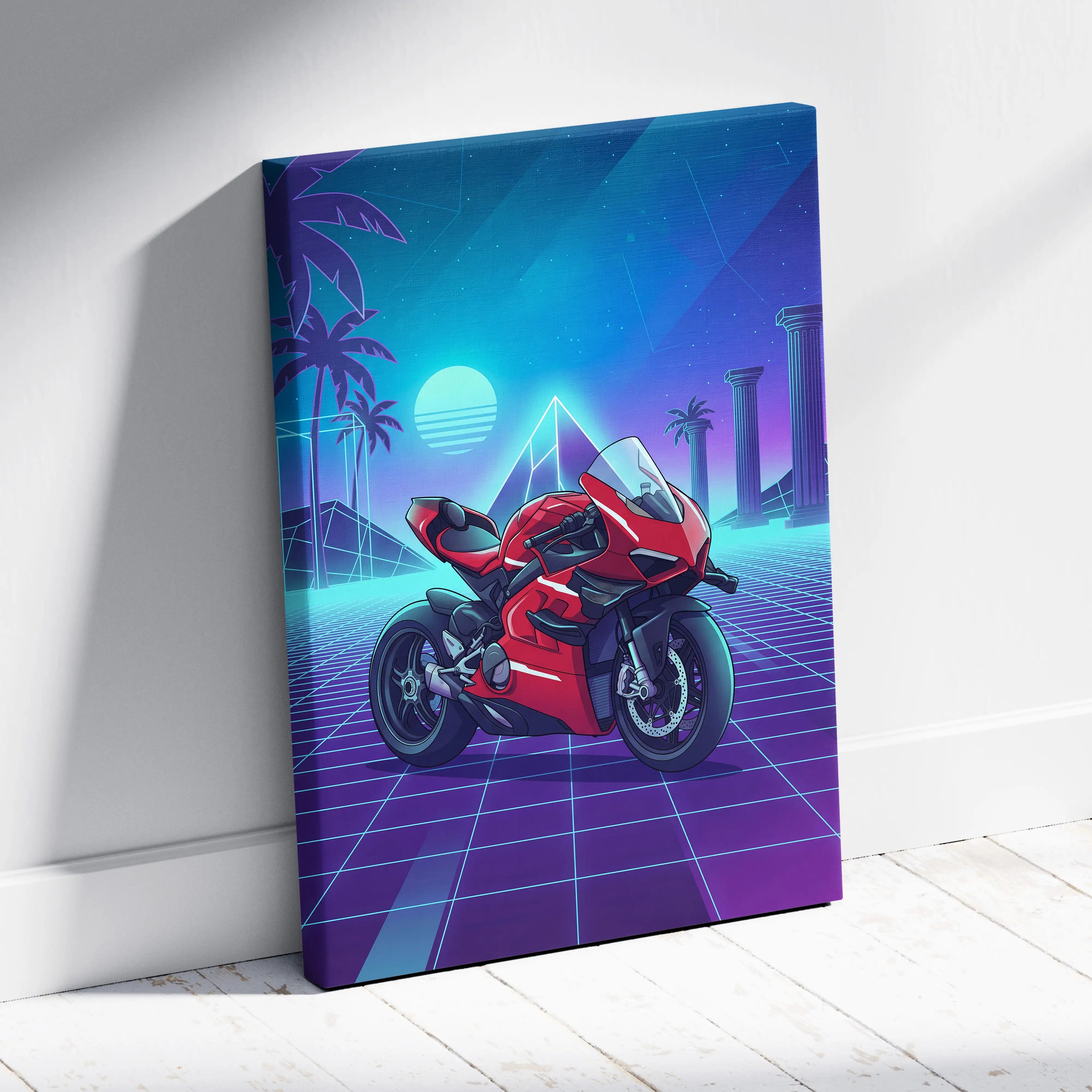 Ducati Panigale V4 Superleggera Inspired Red Teal Vaporwave Motorcycle Canvas Wall Art Neon Grid Sportbike Artwork Retro Futuristic Garage Decor
