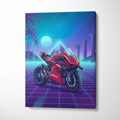 Ducati Panigale V4 Superleggera Inspired Red Teal Vaporwave Motorcycle Canvas Wall Art Neon Grid Sportbike Artwork Retro Futuristic Garage Decor