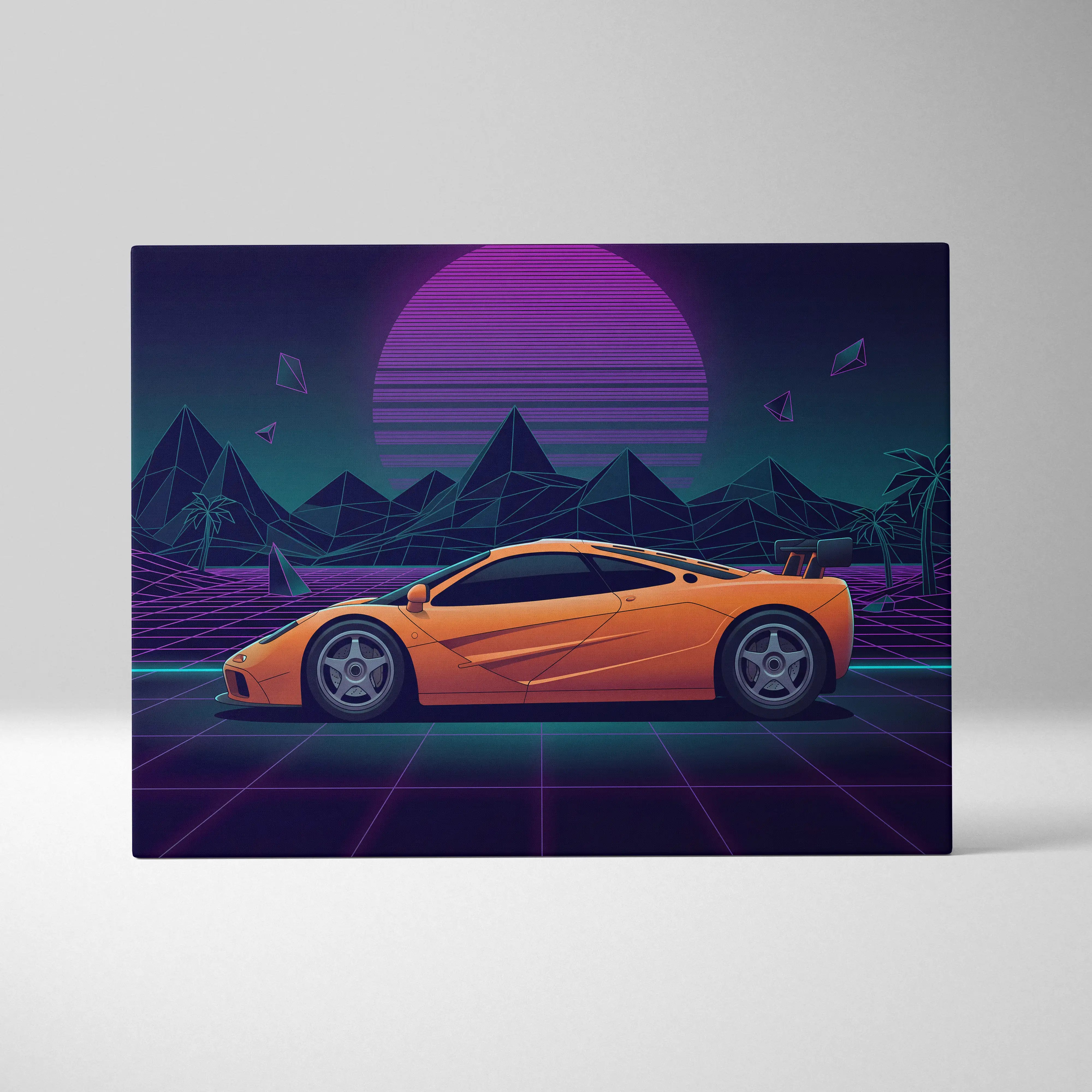 McLaren F1 Inspired Orange Purple Canvas Wall Art, Vaporwave Hypercar Artwork, Neon Grid Desert Decor, Retro Futuristic Exotic Print