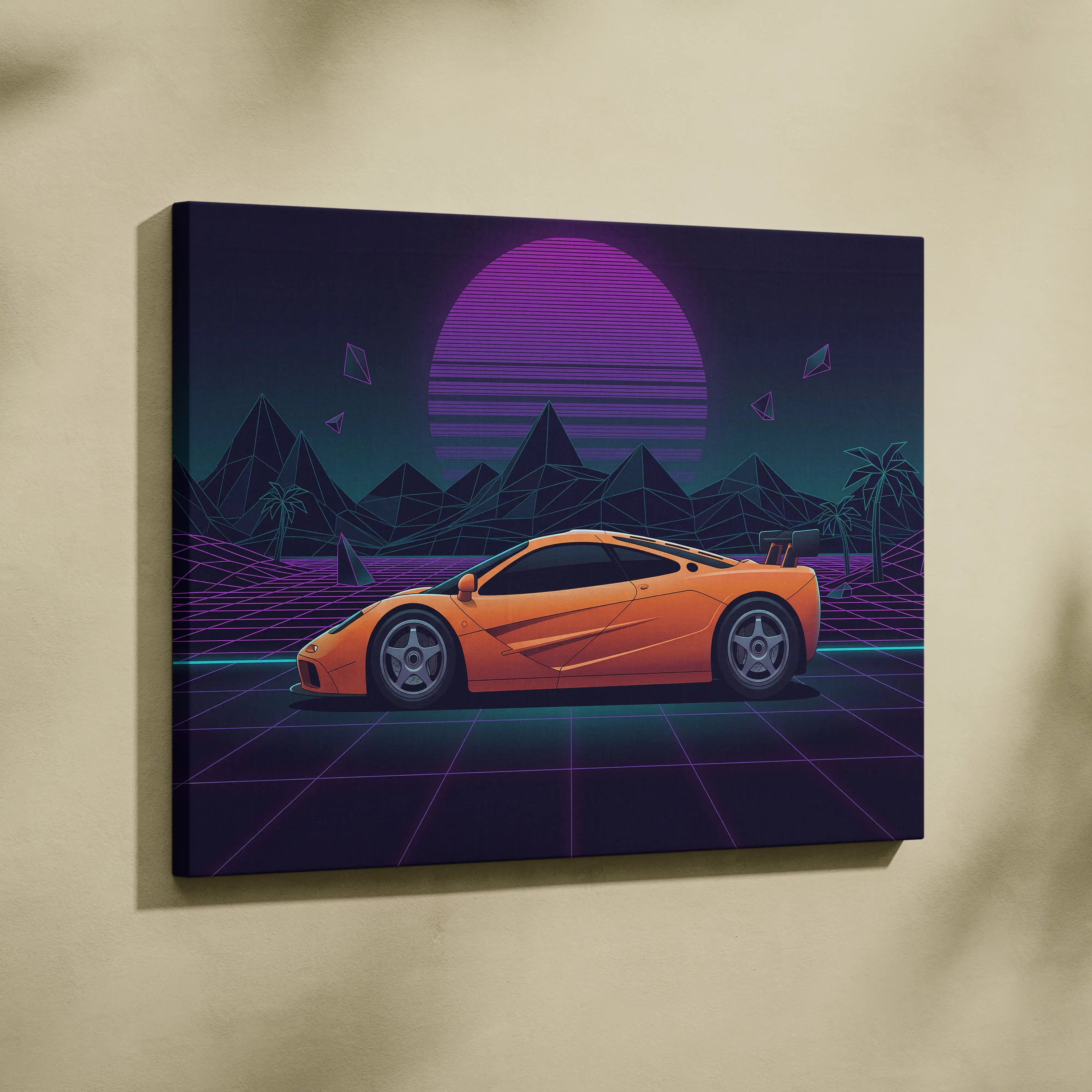 McLaren F1 Inspired Orange Purple Canvas Wall Art, Vaporwave Hypercar Artwork, Neon Grid Desert Decor, Retro Futuristic Exotic Print