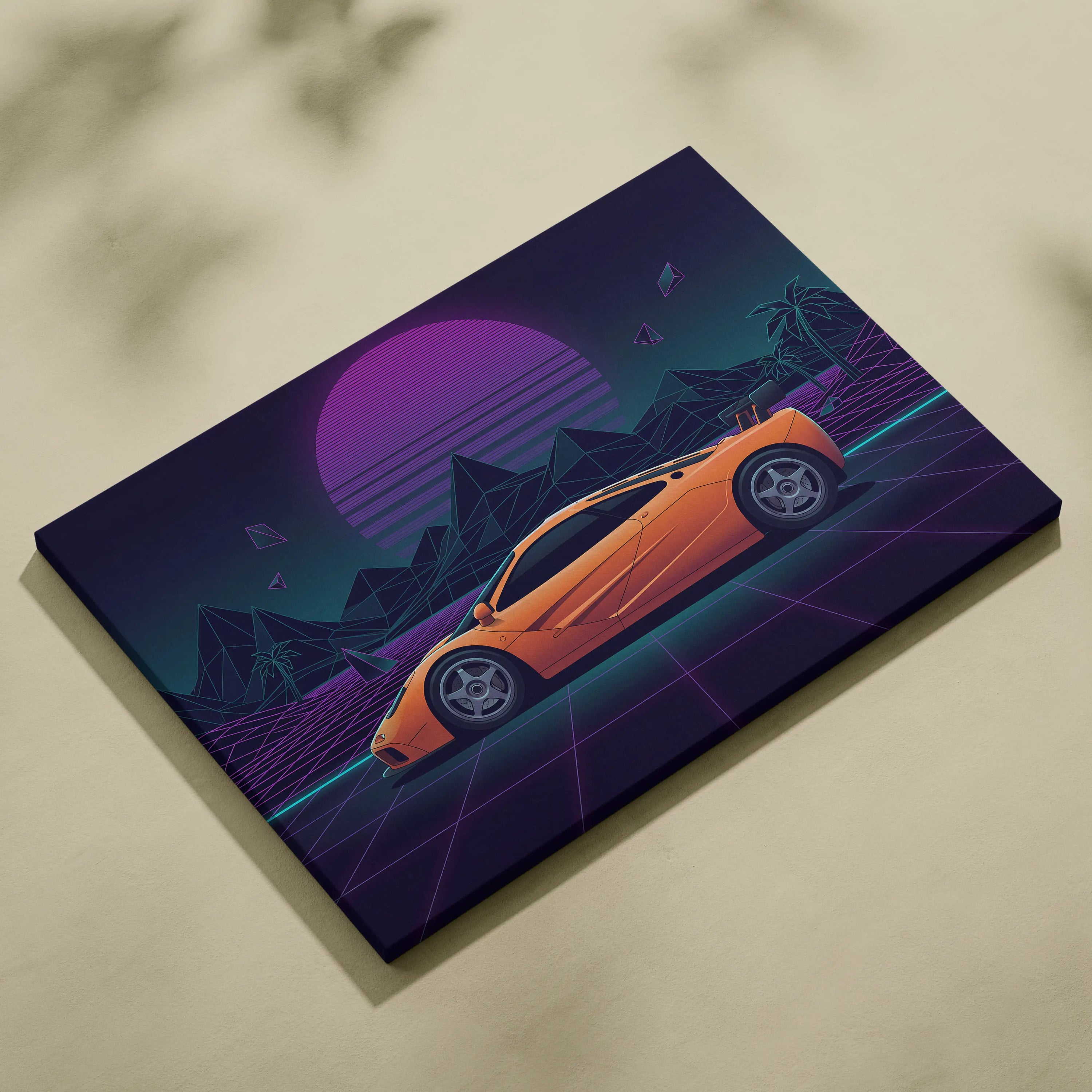 McLaren F1 Inspired Orange Purple Canvas Wall Art, Vaporwave Hypercar Artwork, Neon Grid Desert Decor, Retro Futuristic Exotic Print