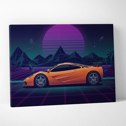 McLaren F1 Inspired Orange Purple Canvas Wall Art, Vaporwave Hypercar Artwork, Neon Grid Desert Decor, Retro Futuristic Exotic Print