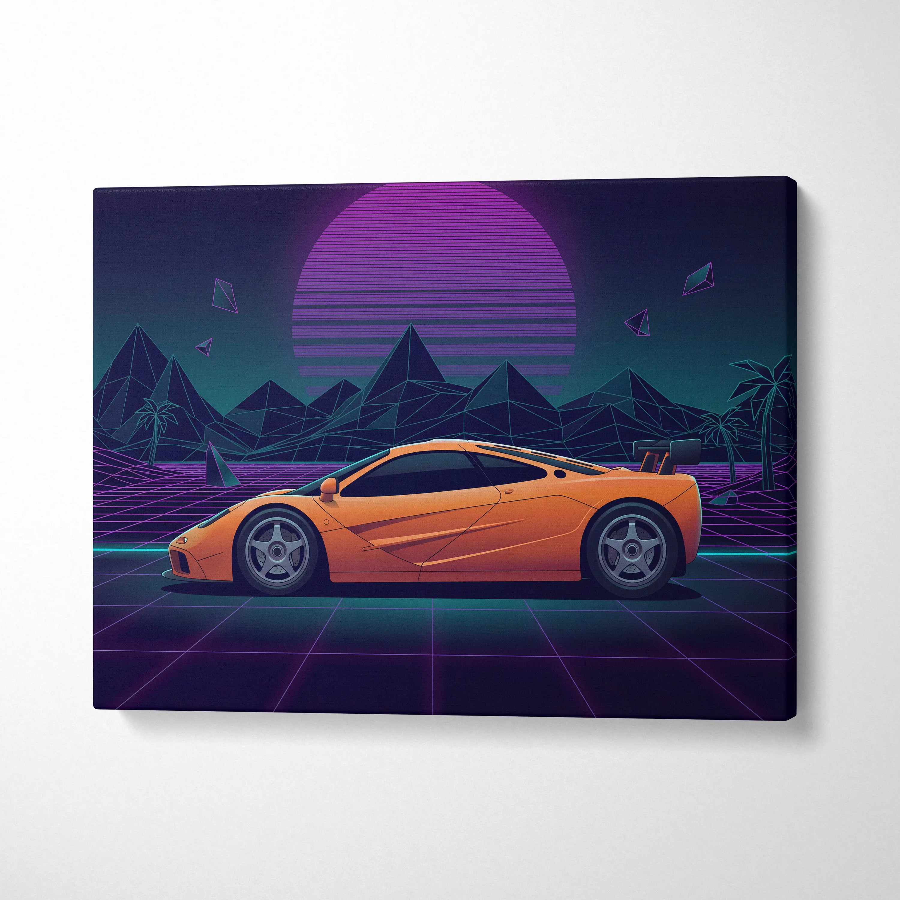 McLaren F1 Inspired Orange Purple Canvas Wall Art, Vaporwave Hypercar Artwork, Neon Grid Desert Decor, Retro Futuristic Exotic Print