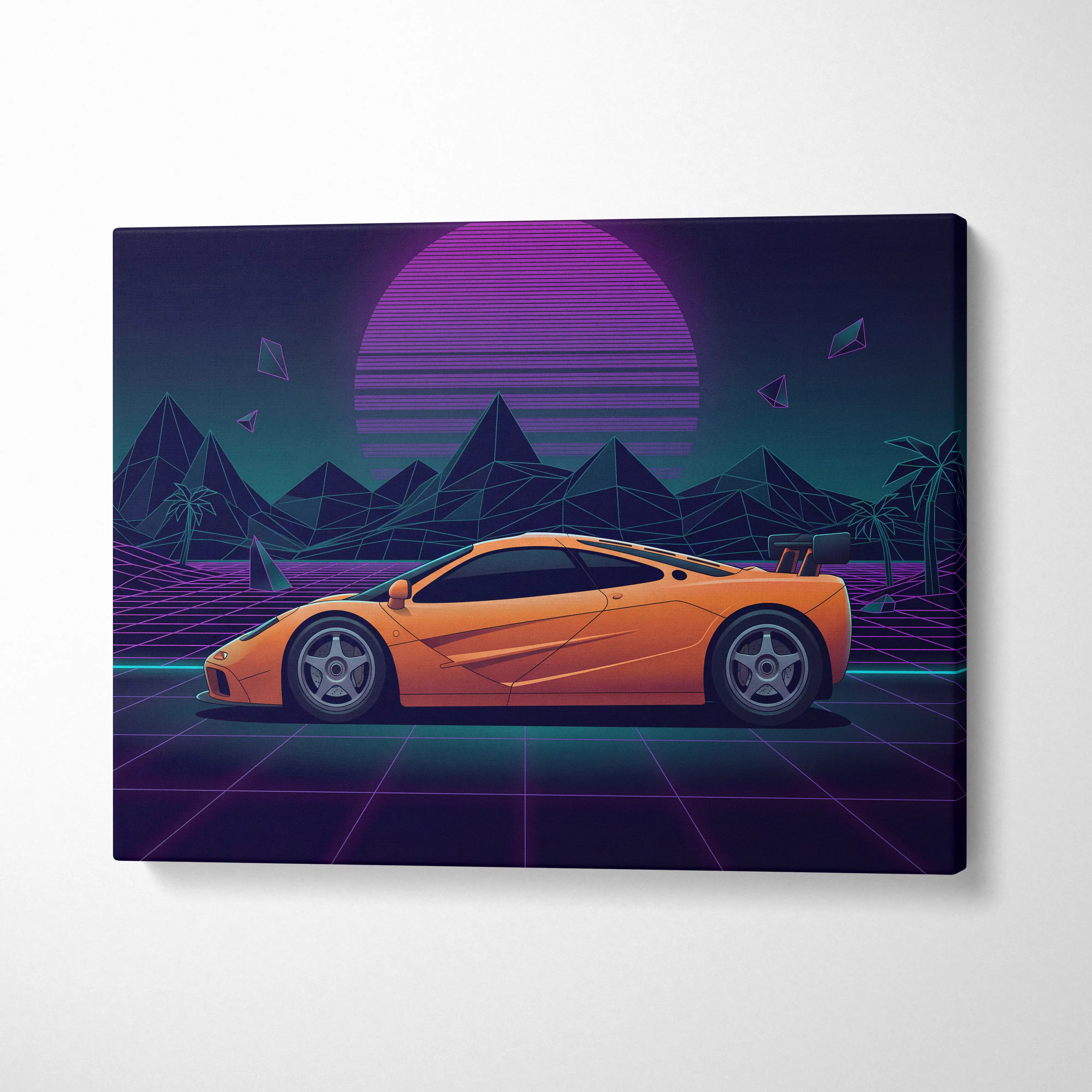 McLaren F1 Inspired Orange Purple Canvas Wall Art, Vaporwave Hypercar Artwork, Neon Grid Desert Decor, Retro Futuristic Exotic Print
