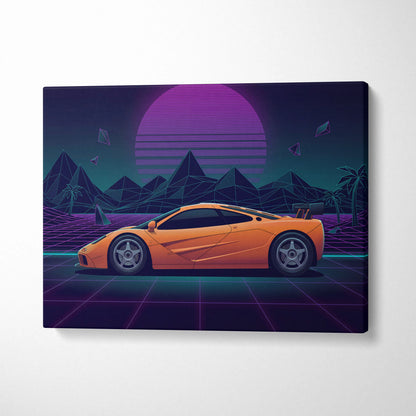 McLaren F1 Inspired Orange Purple Canvas Wall Art, Vaporwave Hypercar Artwork, Neon Grid Desert Decor, Retro Futuristic Exotic Print