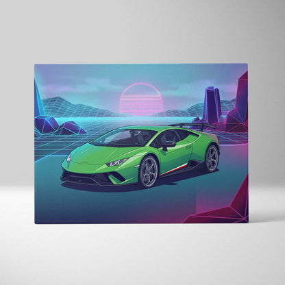 Lamborghini Huracan Inspired Green Purple Canvas Wall Art, Vaporwave Supercar Artwork, Neon Grid Garage Decor, Retro Futuristic Exotic Print