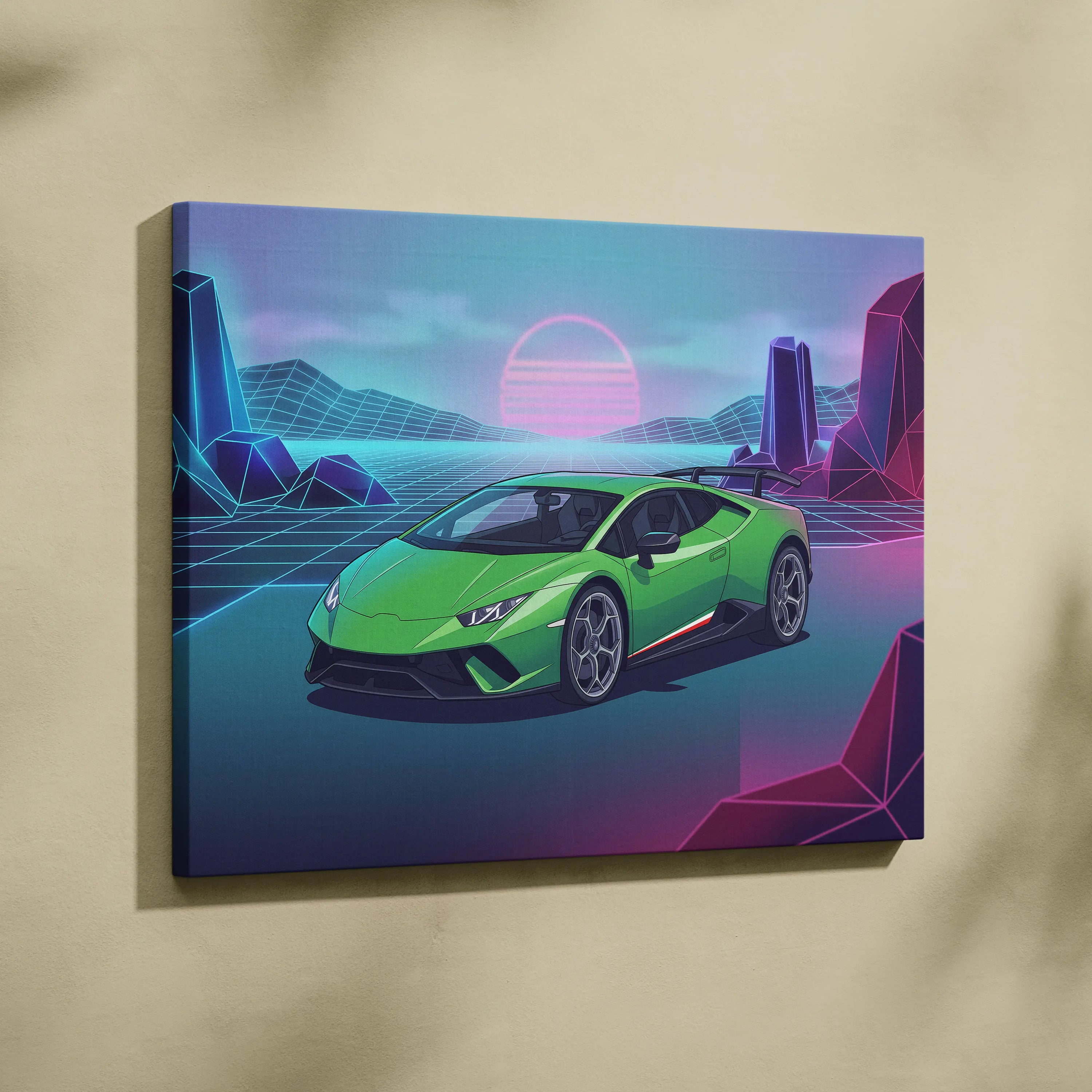 Lamborghini Huracan Inspired Green Purple Canvas Wall Art, Vaporwave Supercar Artwork, Neon Grid Garage Decor, Retro Futuristic Exotic Print
