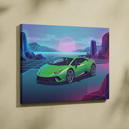 Lamborghini Huracan Inspired Green Purple Canvas Wall Art, Vaporwave Supercar Artwork, Neon Grid Garage Decor, Retro Futuristic Exotic Print