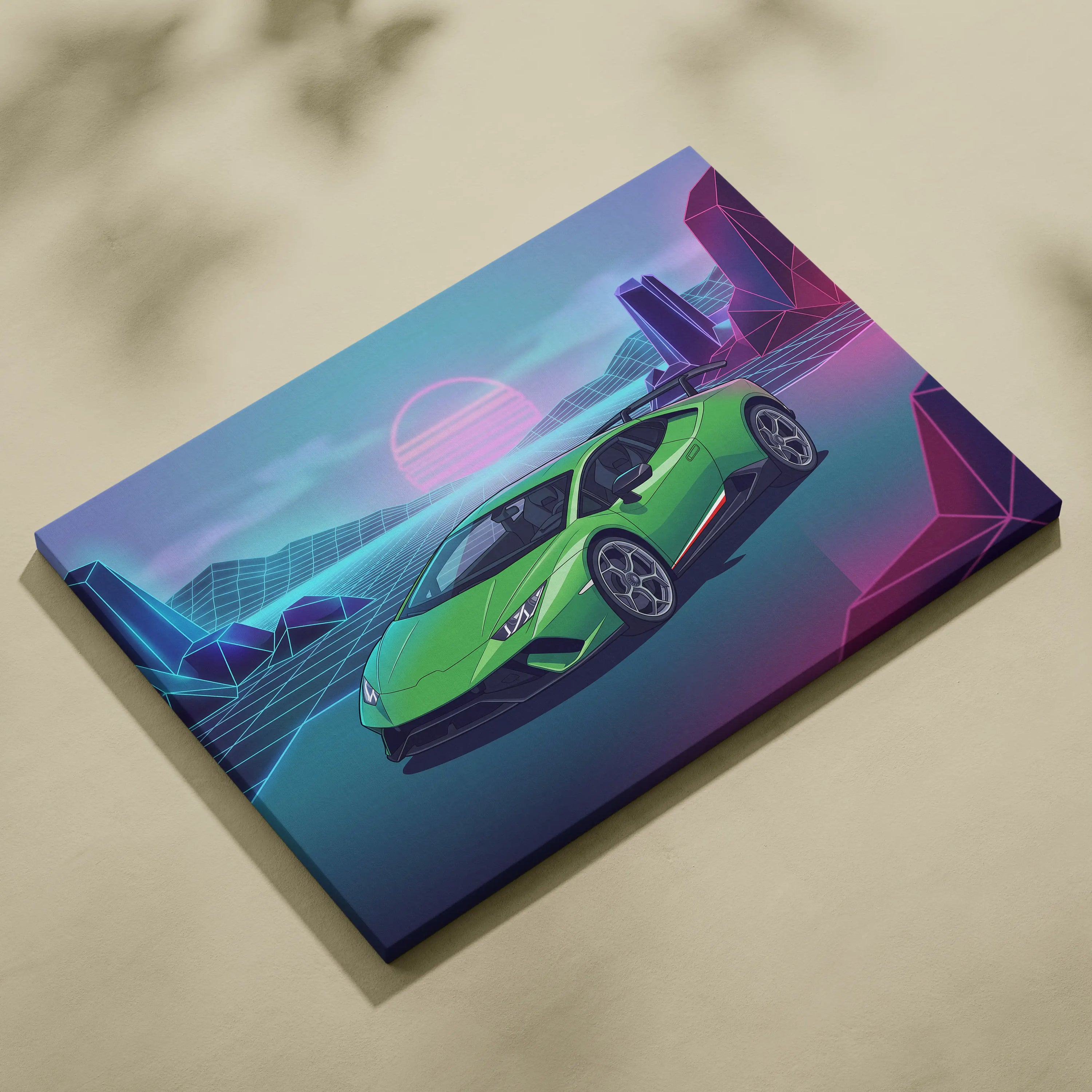 Lamborghini Huracan Inspired Green Purple Canvas Wall Art, Vaporwave Supercar Artwork, Neon Grid Garage Decor, Retro Futuristic Exotic Print